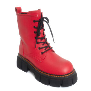 Women work boots with red PU leather and lace