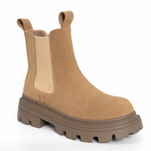 Women Chelsea boots with Khaki genuine leather, cotton fabric lining materials and TPR outsole materials.