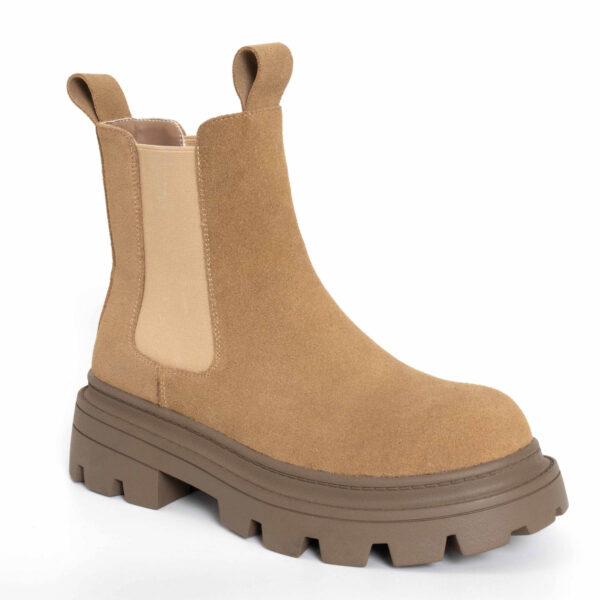 Women Chelsea boots with Khaki genuine leather, cotton fabric lining materials and TPR outsole materials.