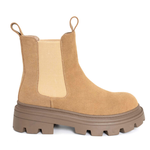 Women Chelsea boots with Khaki genuine leather, cotton fabric lining materials and TPR outsole materials.