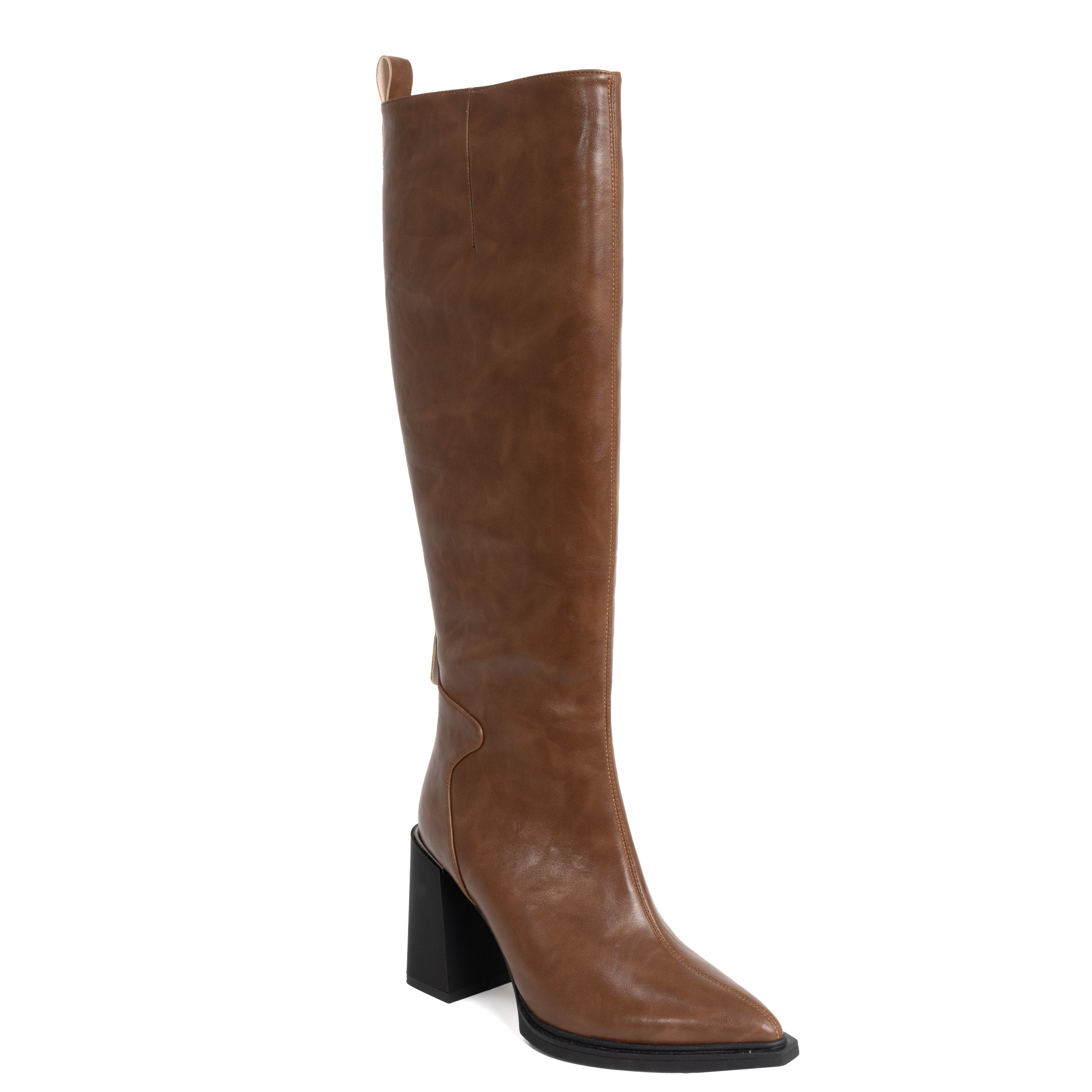 knee high boots for women with brown PU leather and high heel