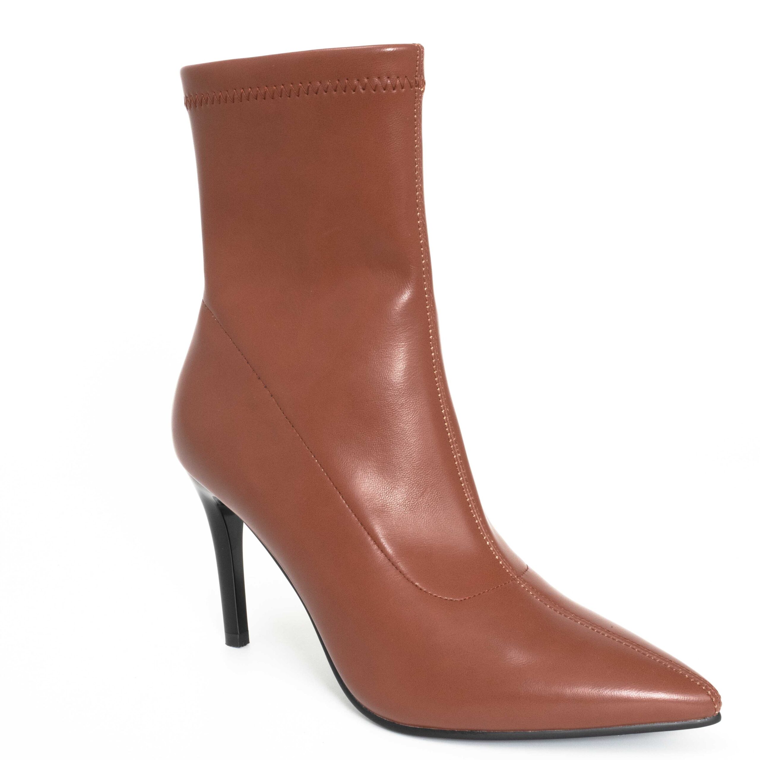 Women heeled boots with brown stretch PU leather