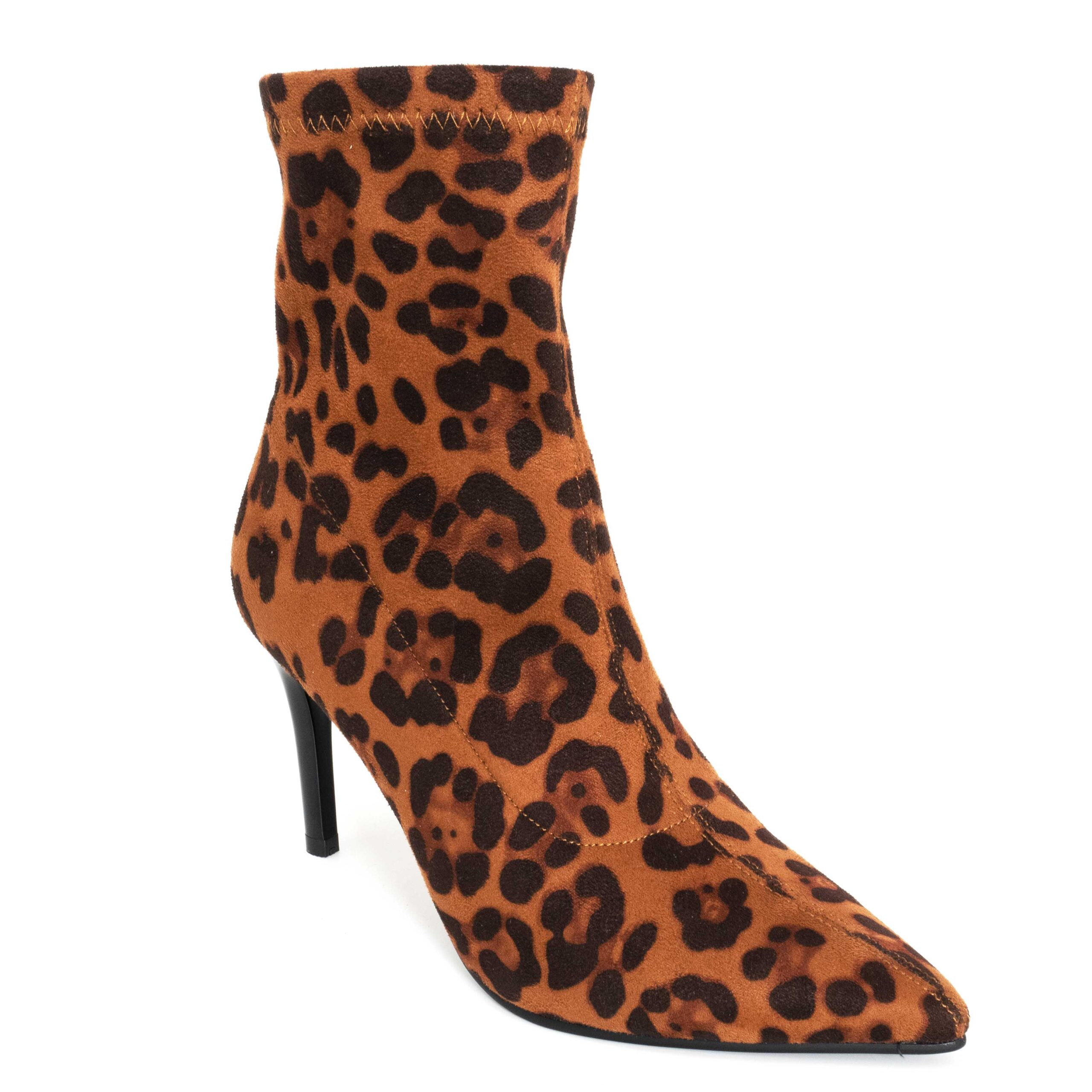 women heeled boots with brown leopard microfiber