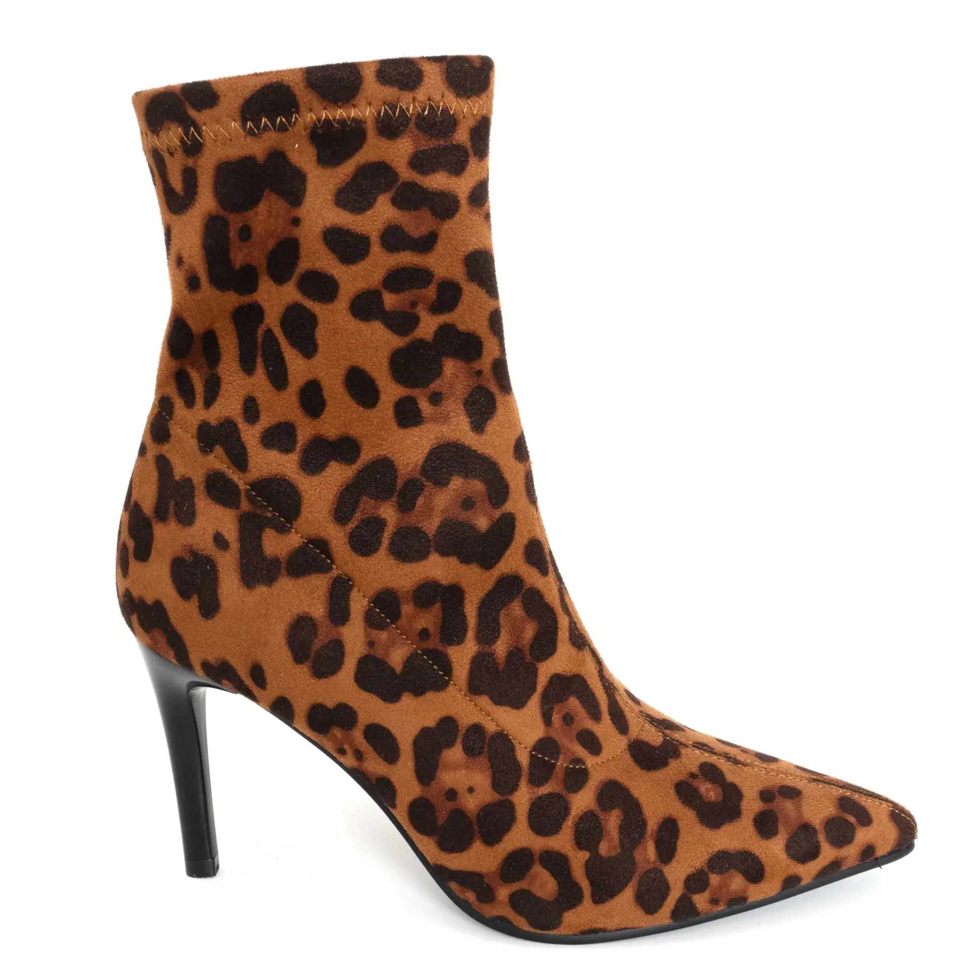 women heeled boots with brown leopard microfiber