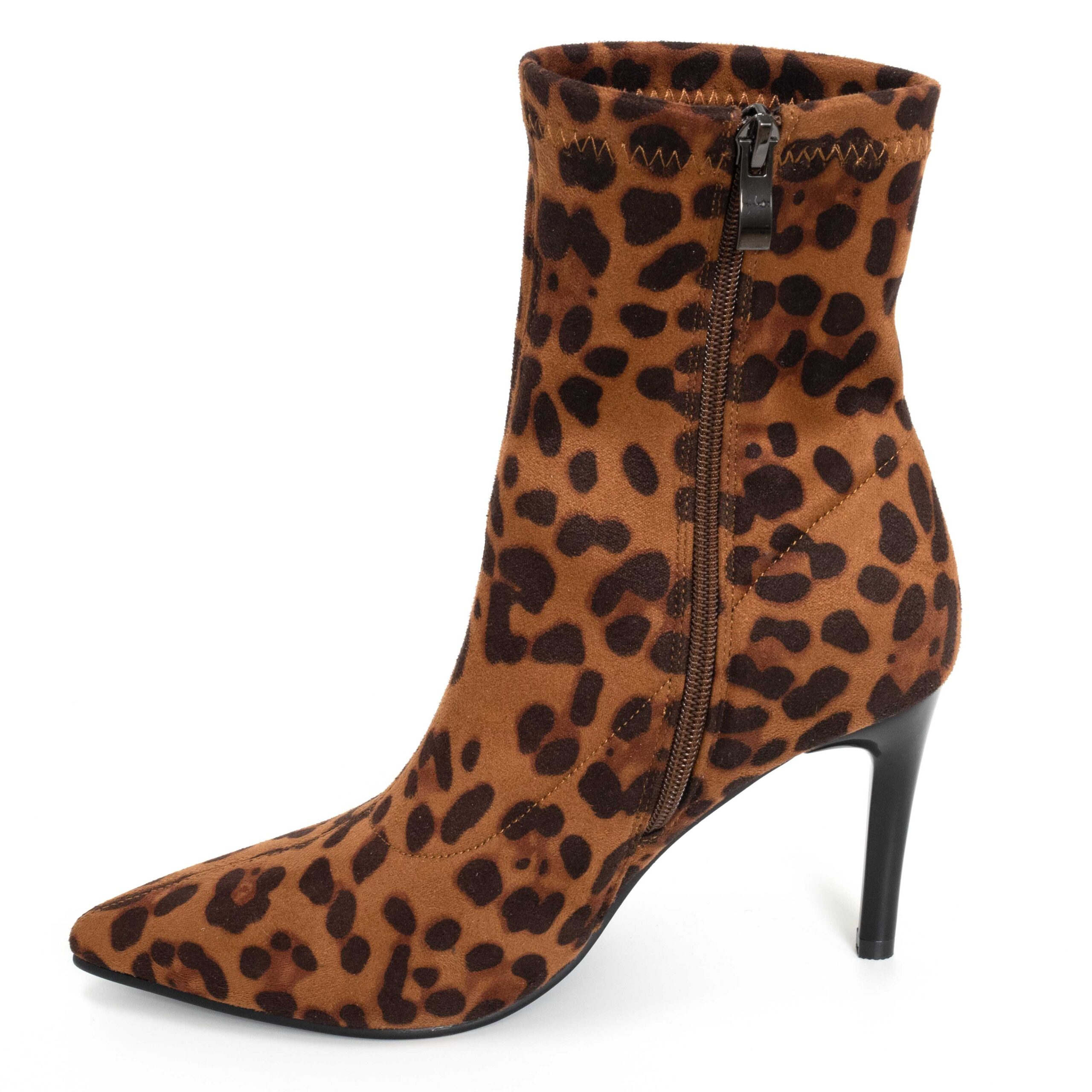 women heeled boots with brown leopard microfiber