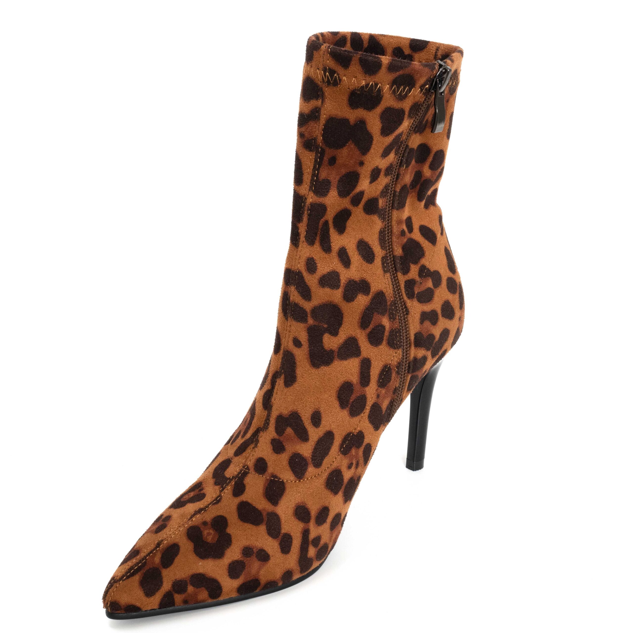 women heeled boots with brown leopard microfiber