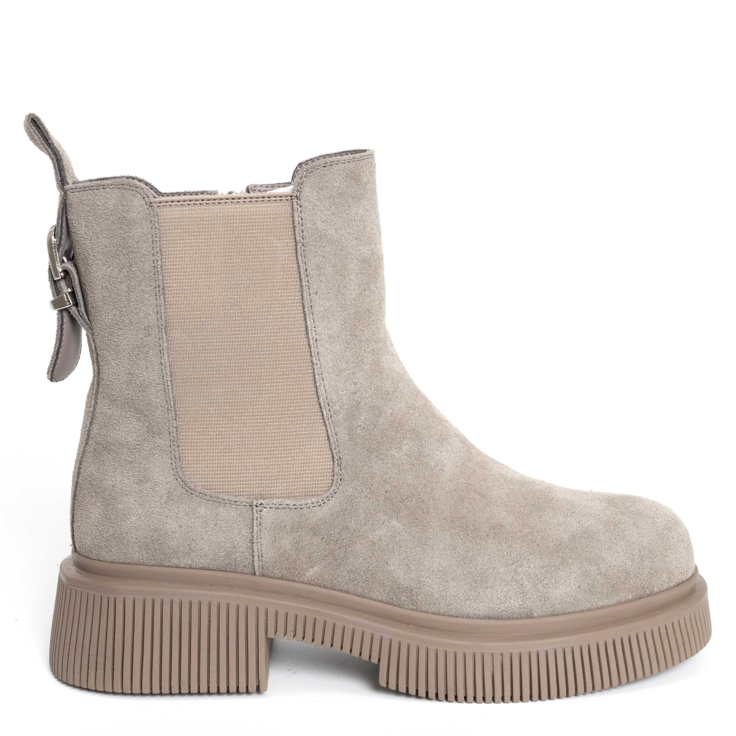 women Chelsea boots with grey genuine leather which is cow suede