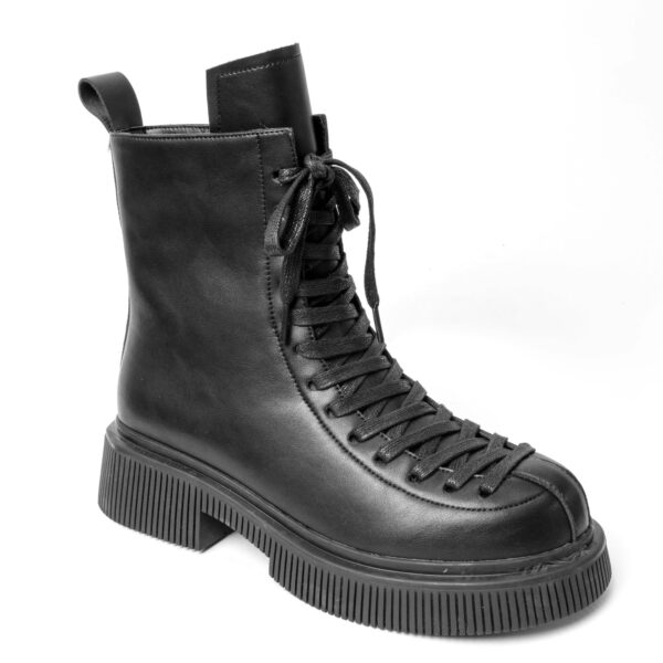 Black work boots for women with black PU leather and lace