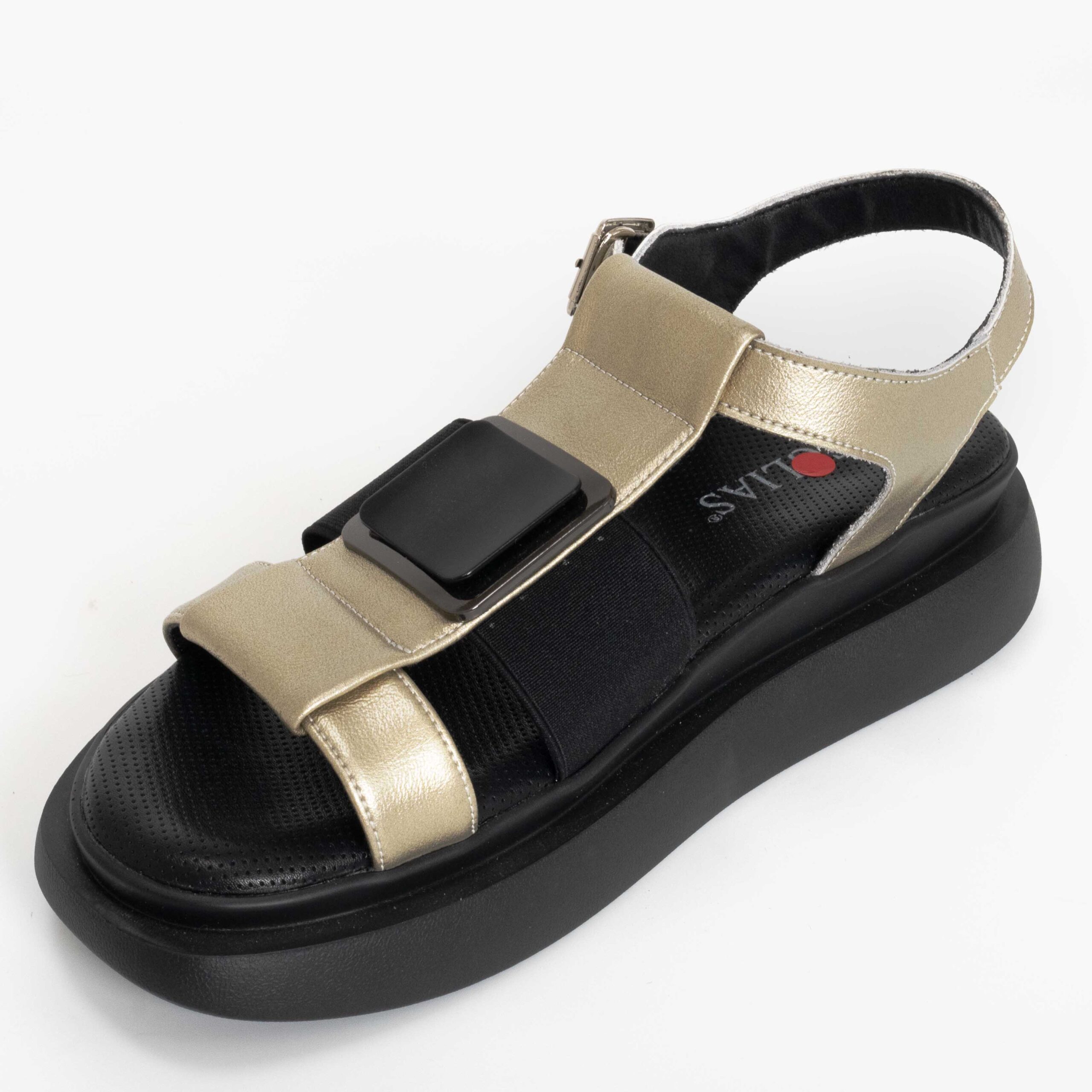 women platform sandals with gold patent leather