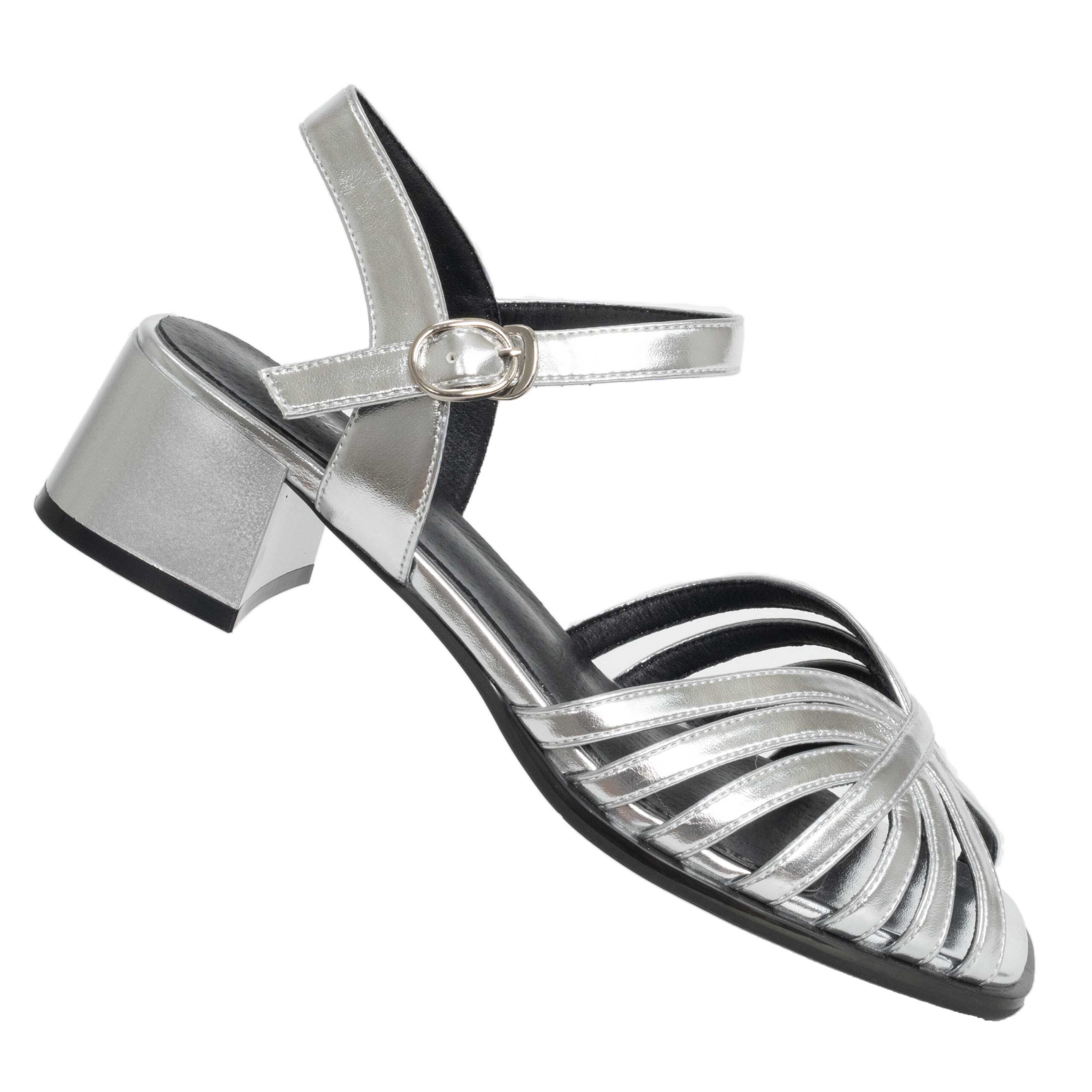 Women sandals with high heel and silver patent leather