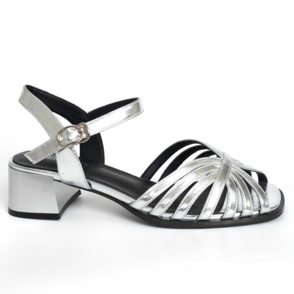 Women sandals with high heel and silver patent leather