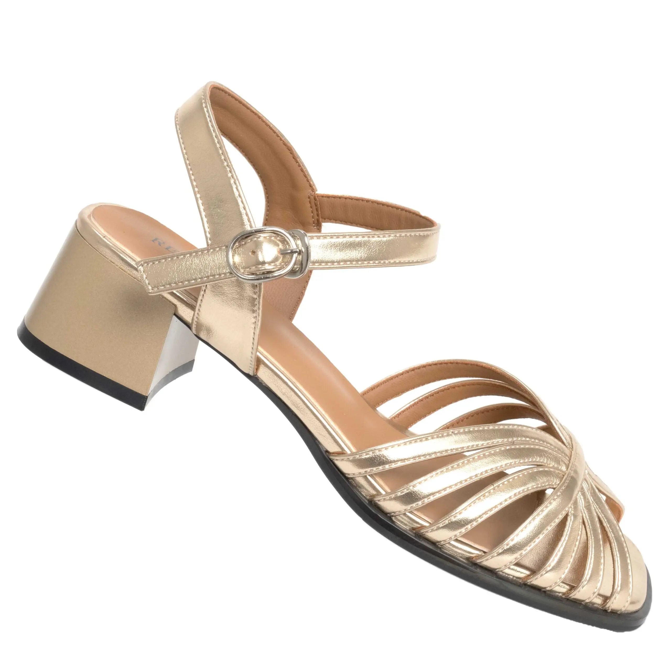 Sandals for women with gold patent leather and high heel