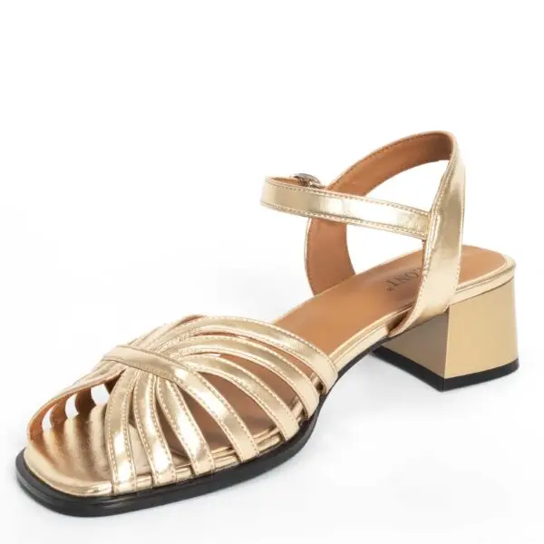 Sandals for women with gold patent leather and high heel