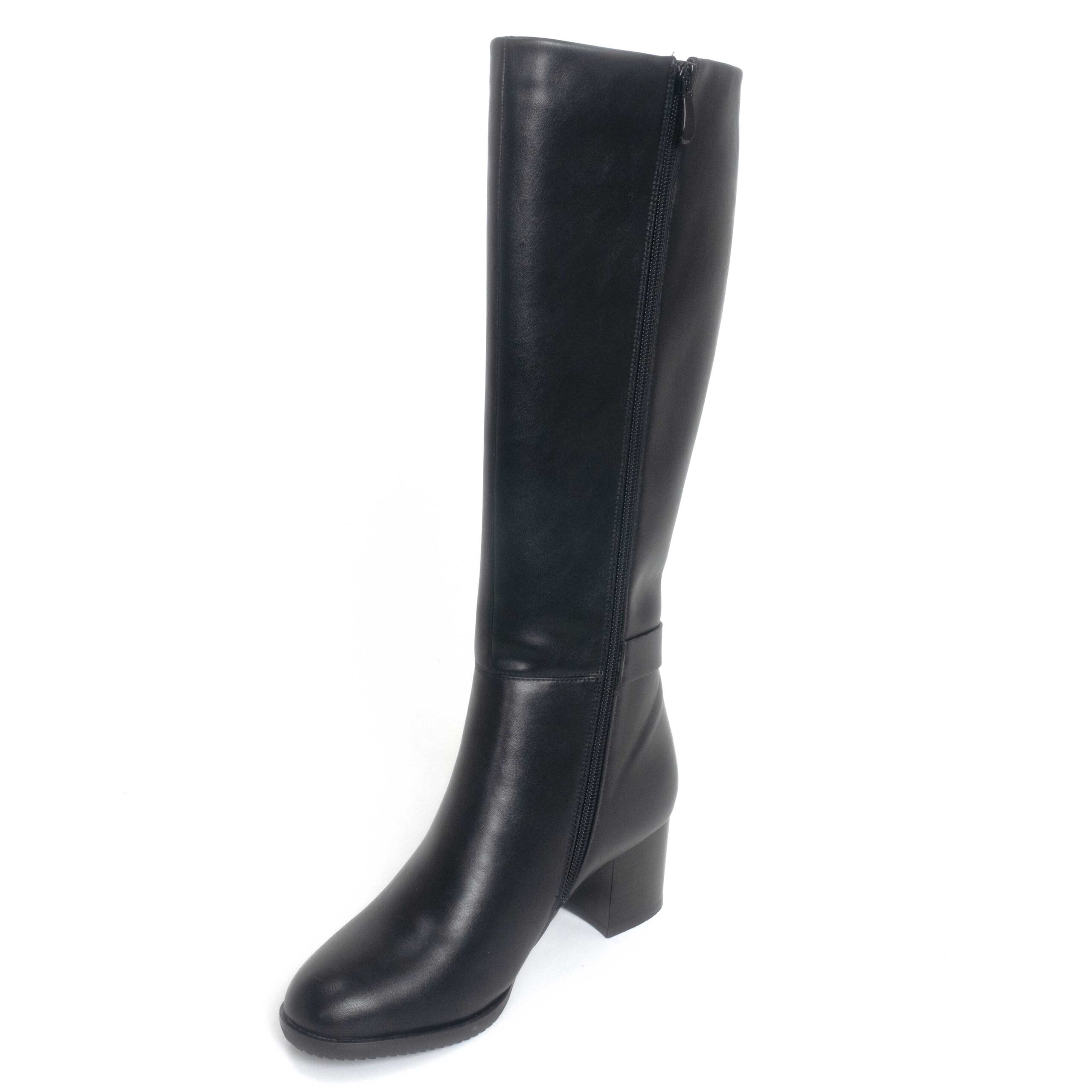 women knee high heeled boots with black PU leather wool lining materials