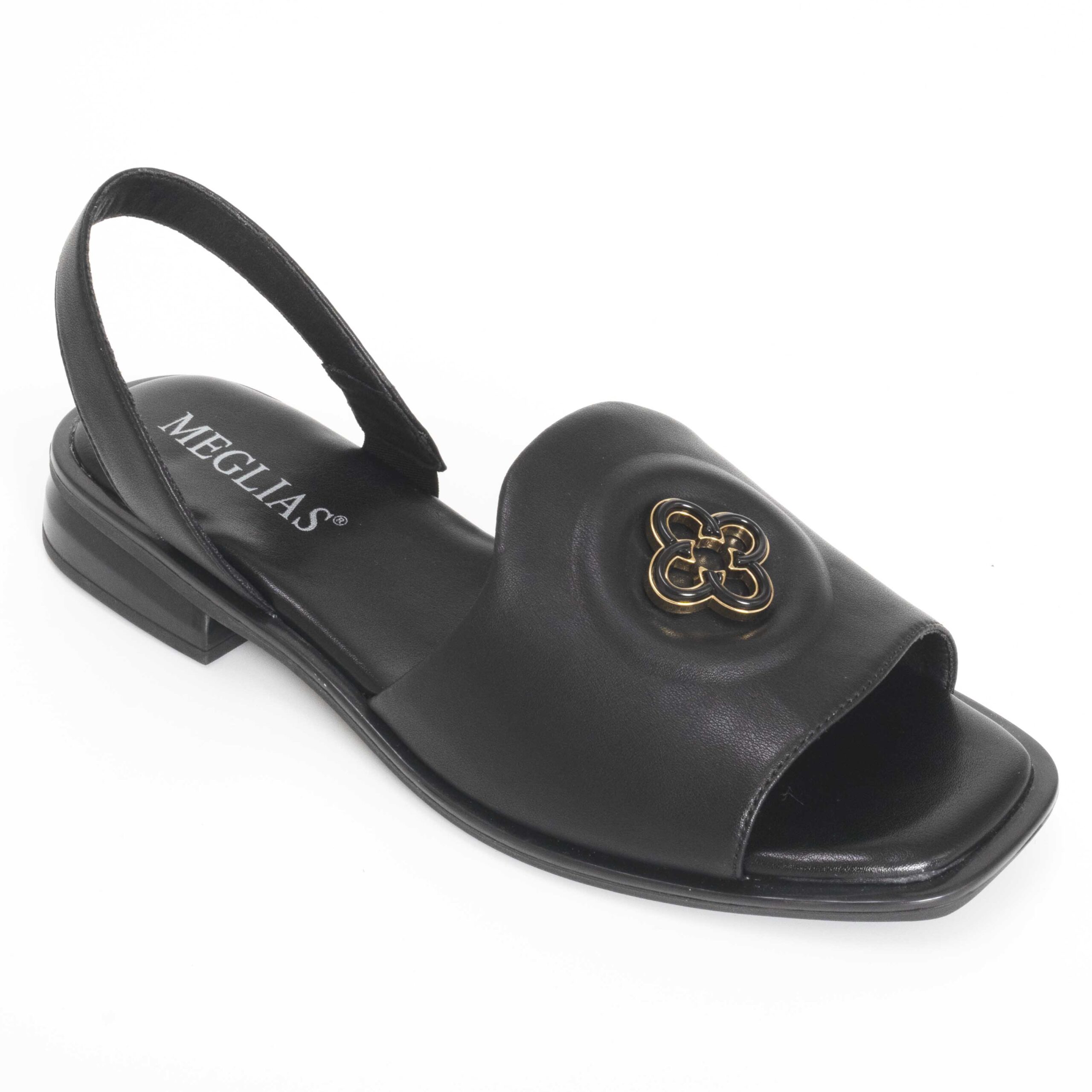 women sandals with black microfiber leather and flower diamonds