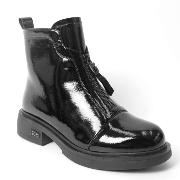 Black ankle boots for women with black patent leather