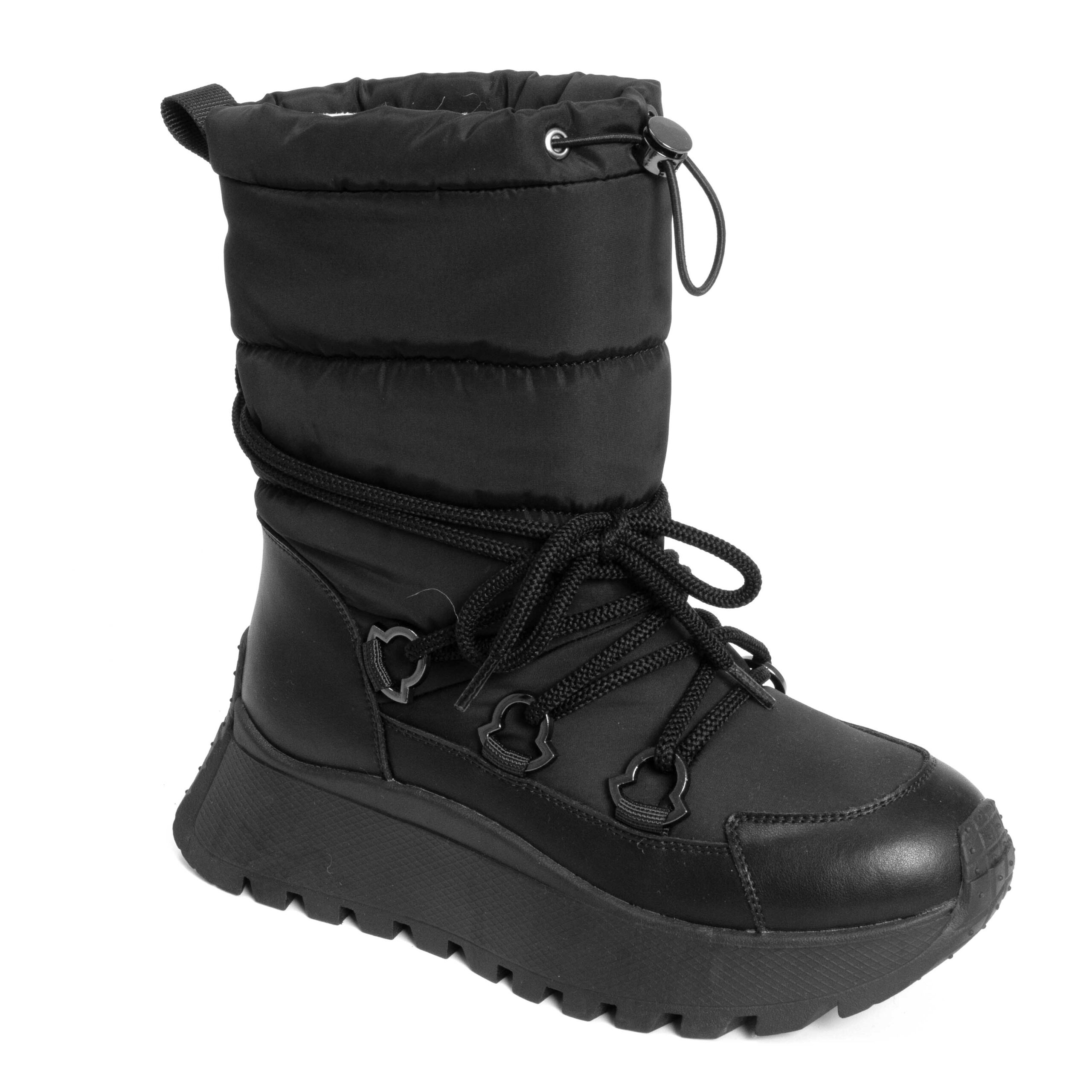 Women platform boots with black nylon and PU leather