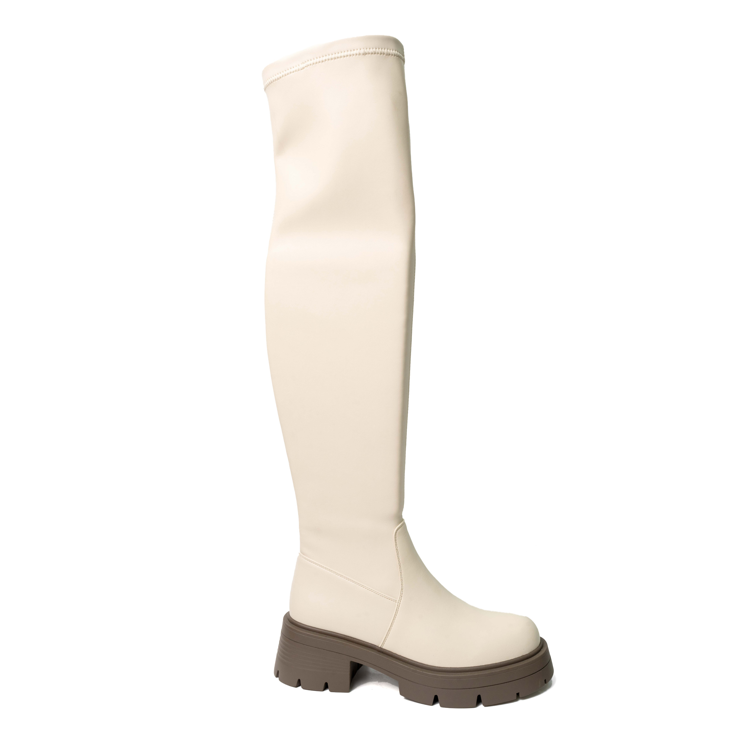 YZY Wholesale women Beige platform Knee high boots with Stretch PU