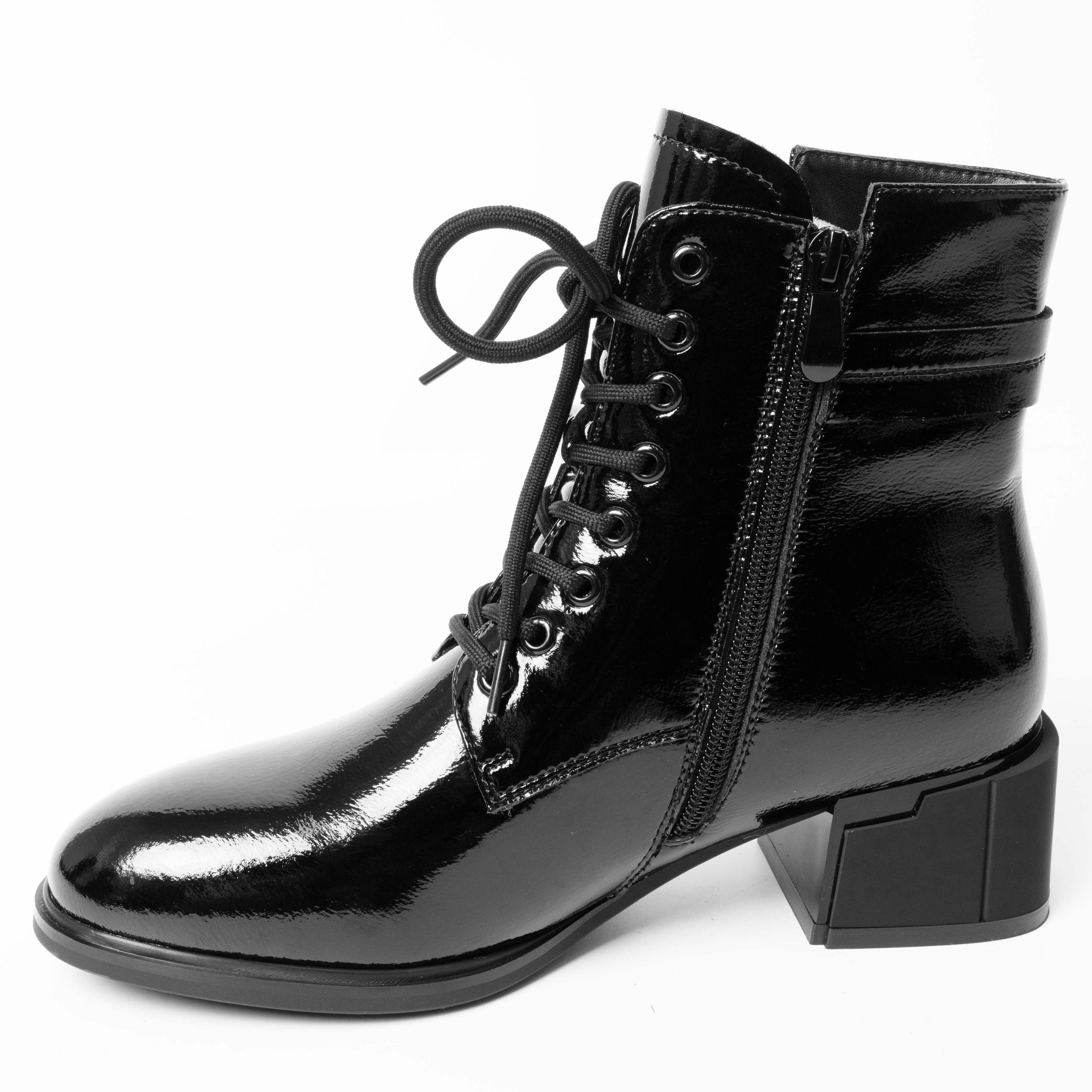 YZY Wholesale Black lace-up and zip Patent leather Heeled Boots for women