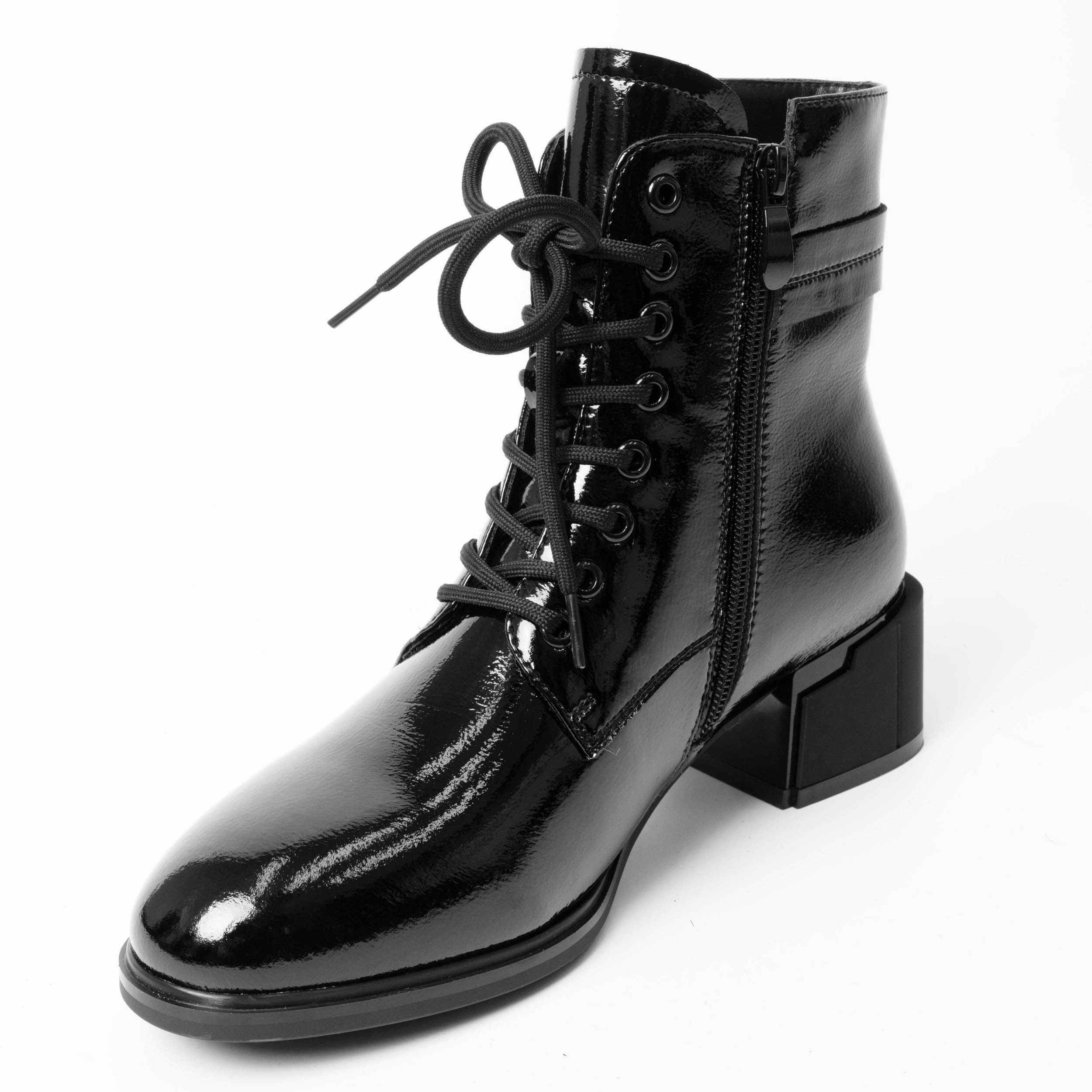 YZY Wholesale Black lace-up and zip Patent leather Heeled Boots for women