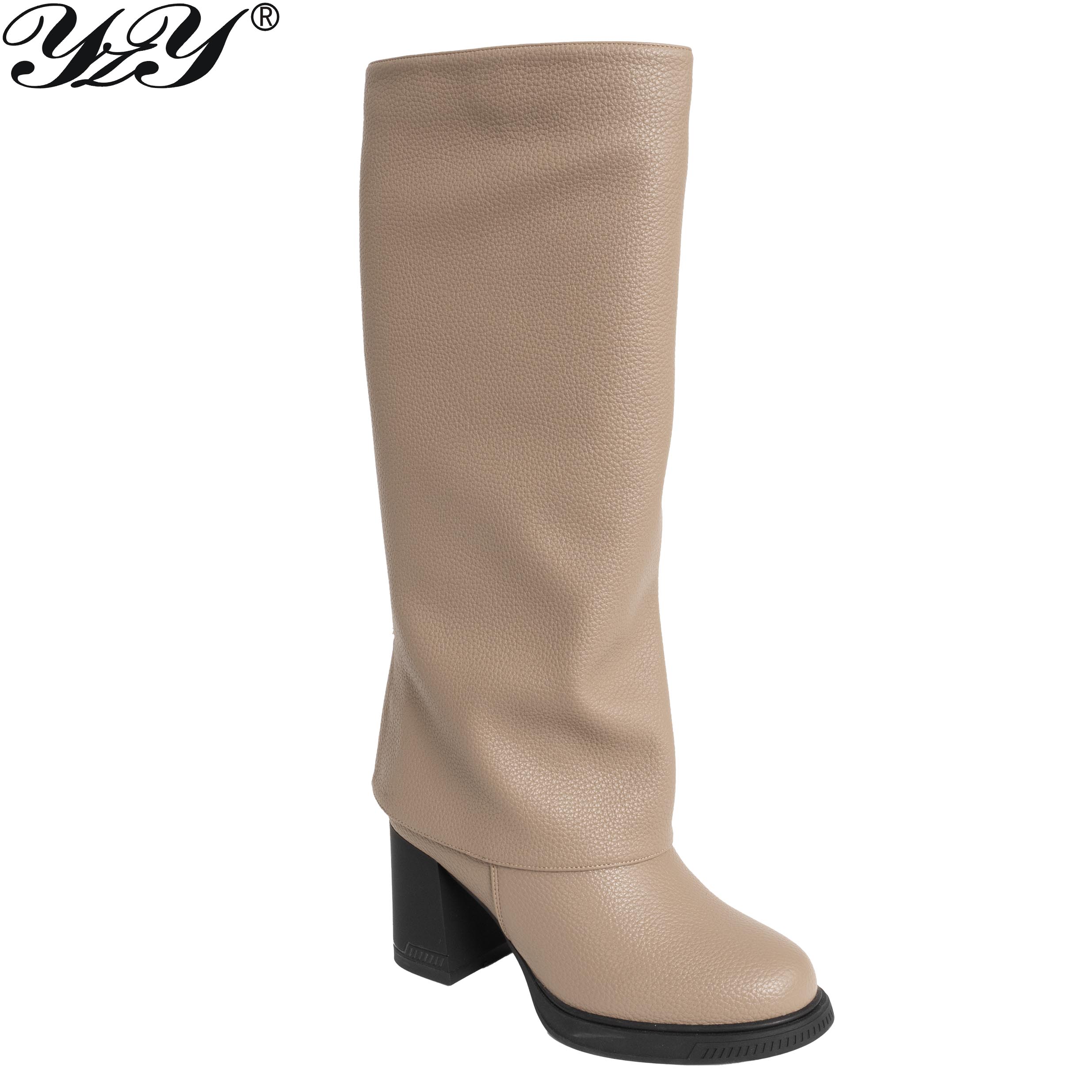 Women design knee high boots with beige lichee pattern PU leather