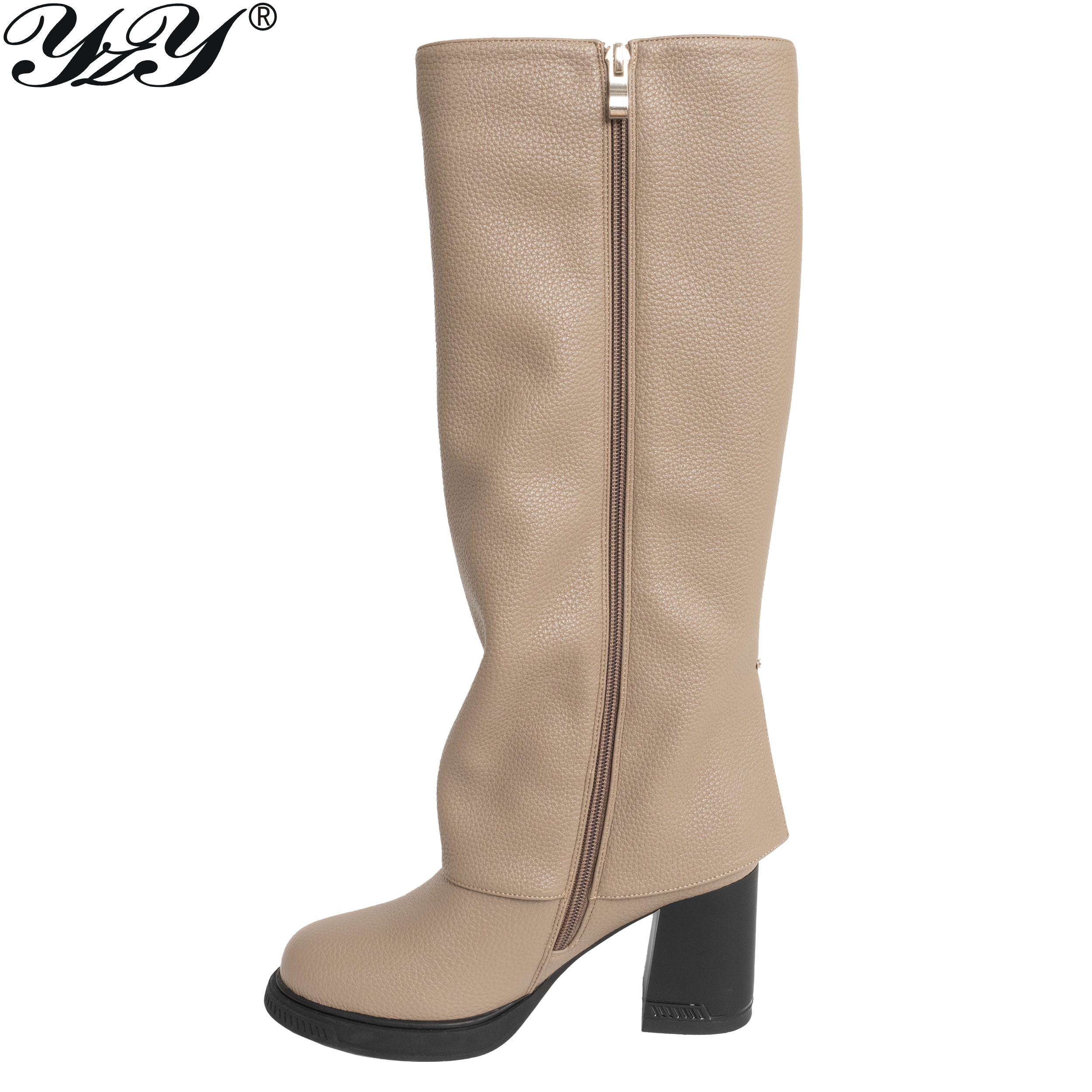 Women design knee high boots with beige lichee pattern PU leather