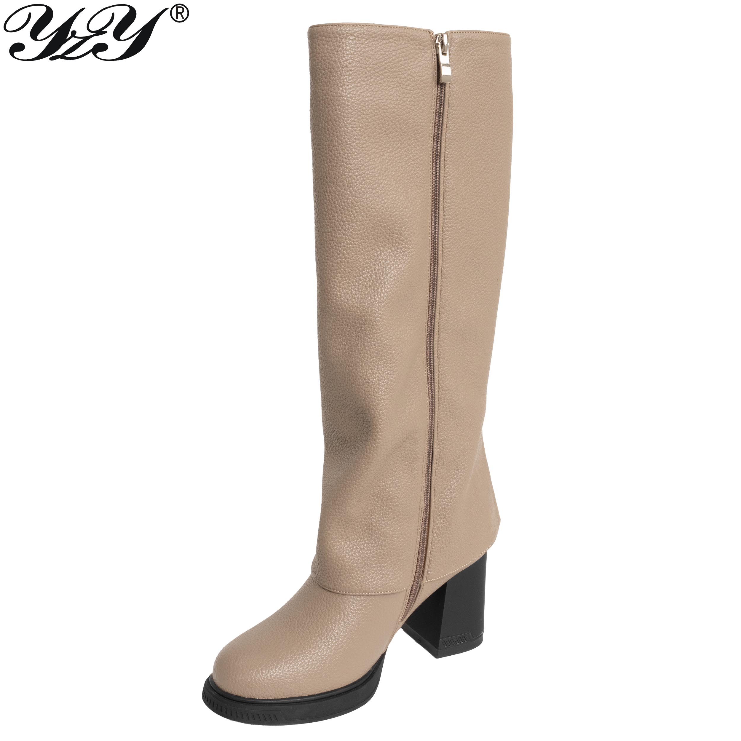 Women design knee high boots with beige lichee pattern PU leather