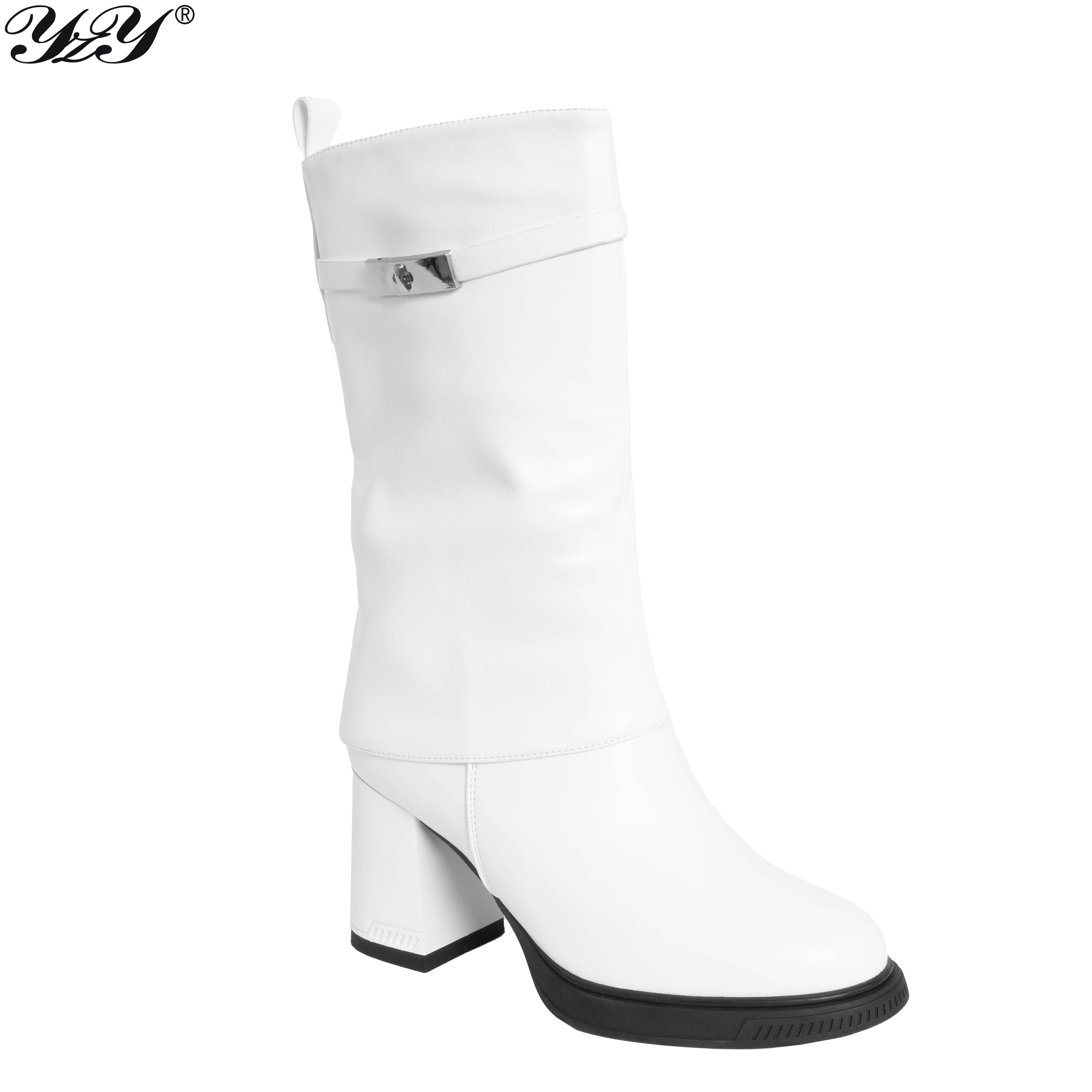 YZY Wholesale Women Knee High Boots with white PU leather