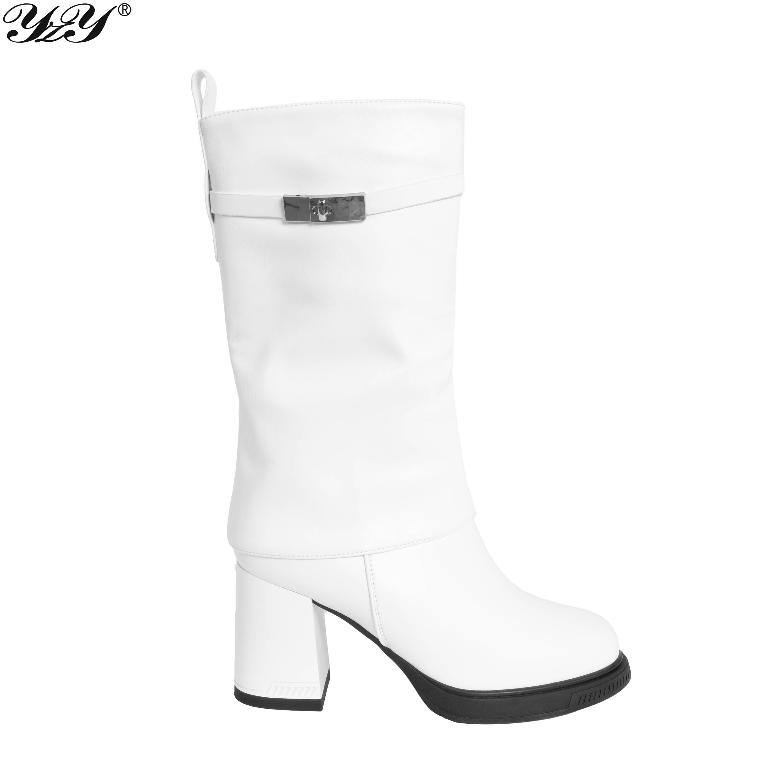 YZY Wholesale Women Knee High Boots with white PU leather