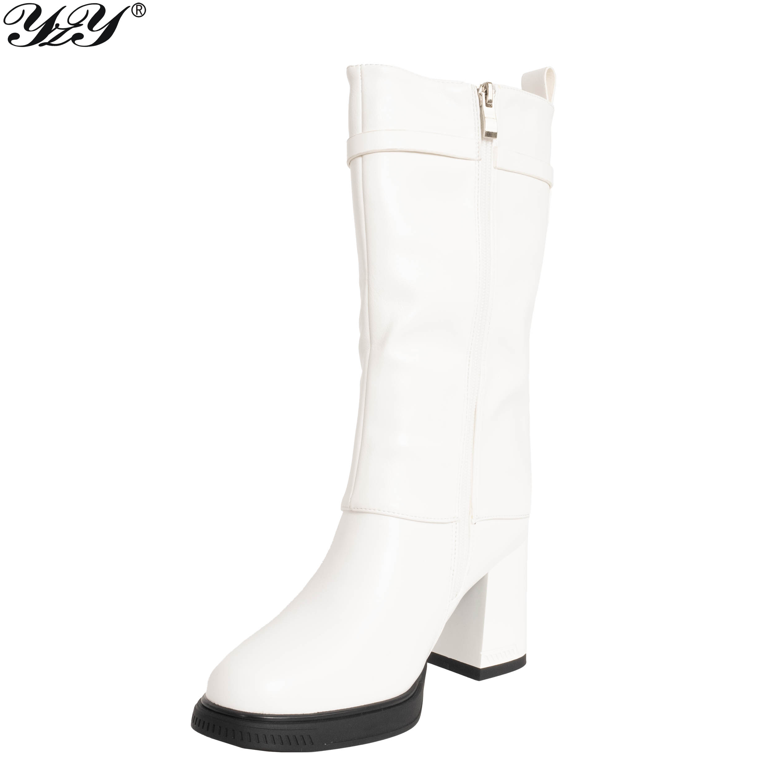 YZY Wholesale Women Knee High Boots with white PU leather