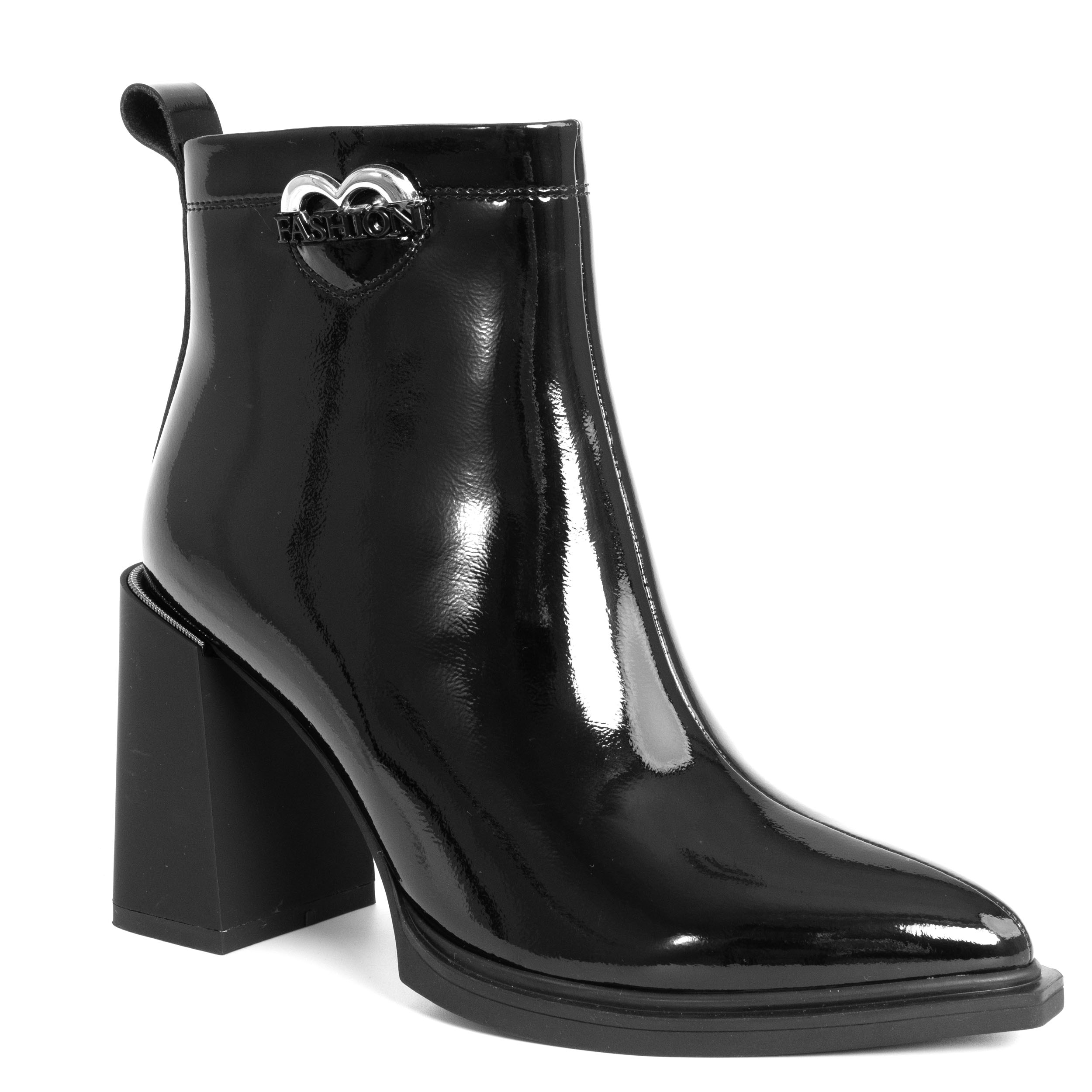 Ankle heeled boots for women with light patent leather