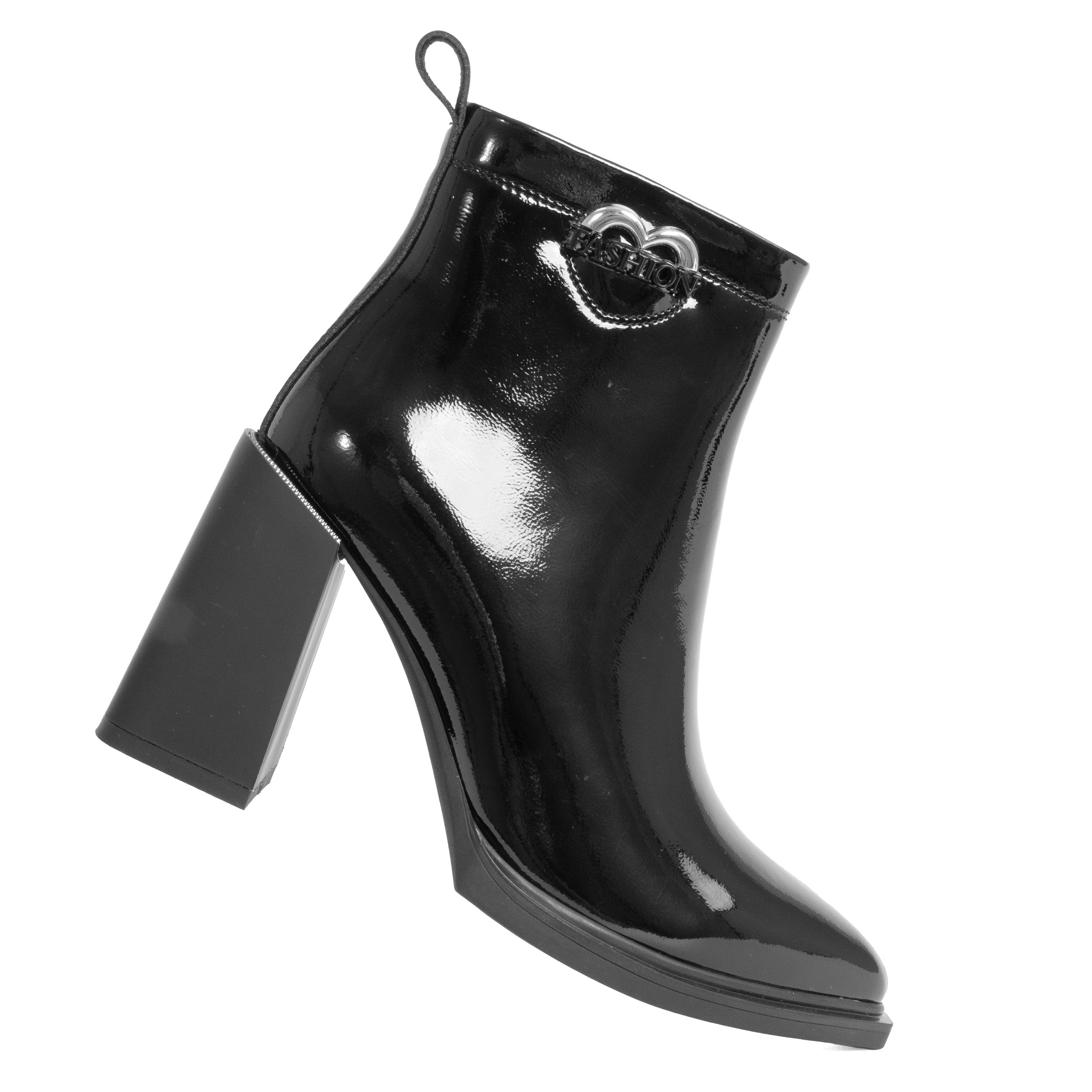 Ankle heeled boots for women with light patent leather