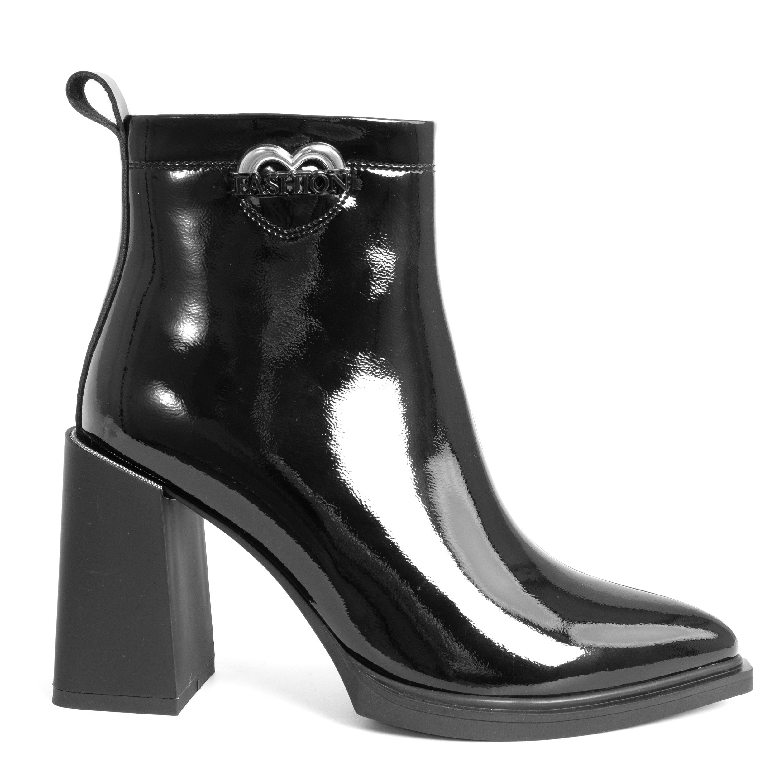 Ankle heeled boots for women with light patent leather