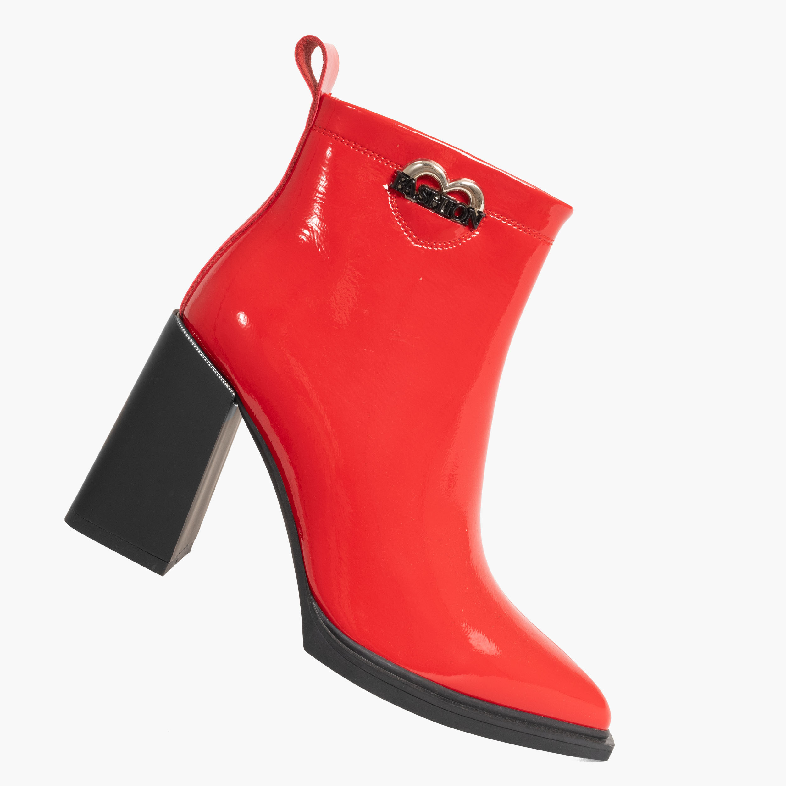 Ankle heeled boots for women with light patent leather