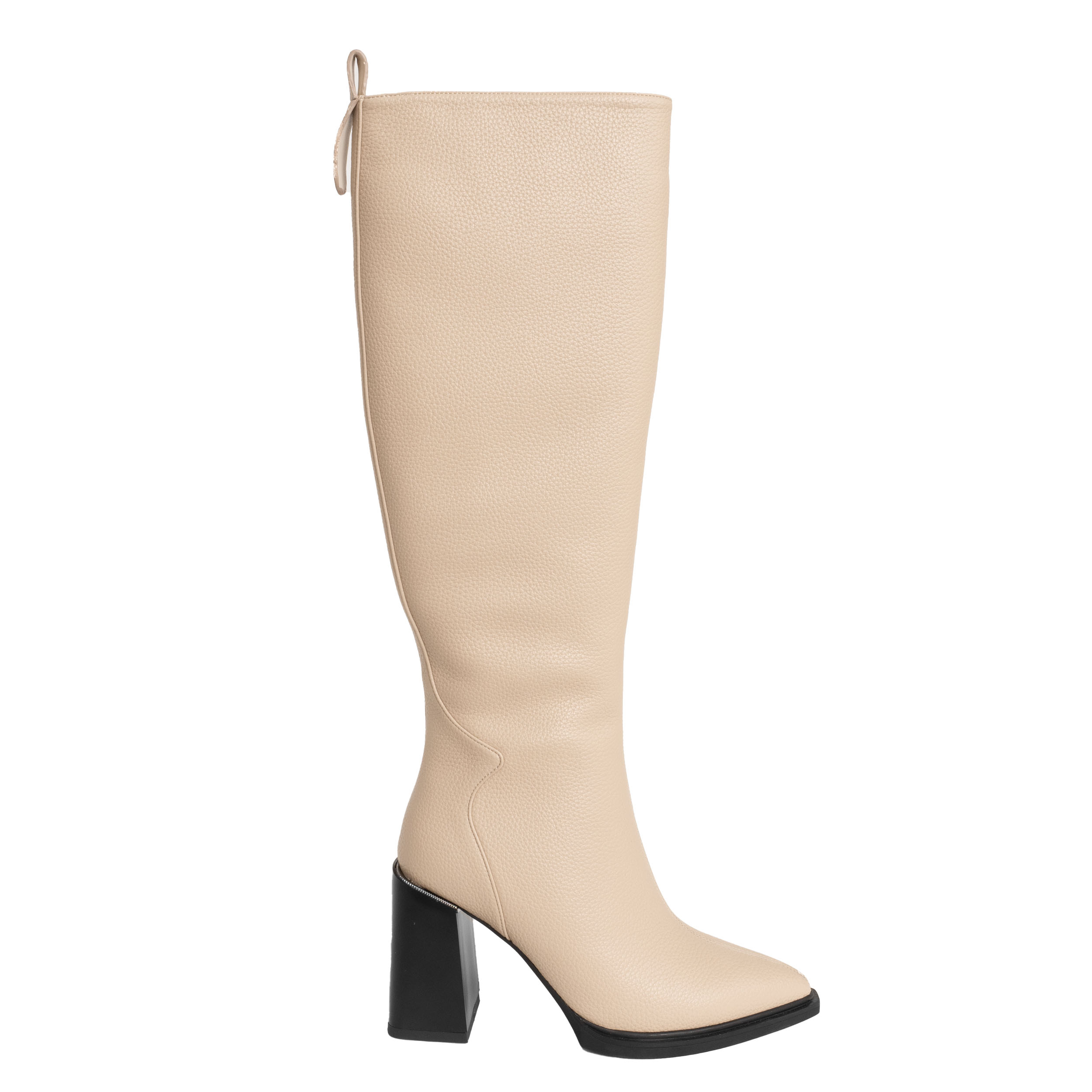 Beige Over the knee high heeled boots for women with Lichee pattern PU leather