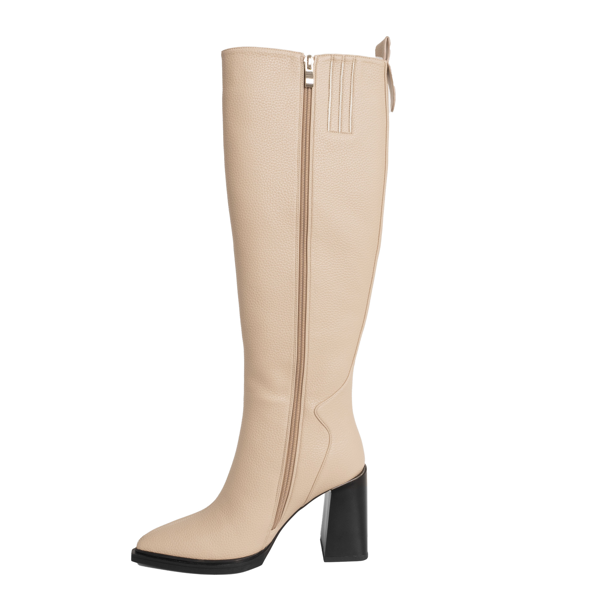 Beige Over the knee high heeled boots for women with Lichee pattern PU leather