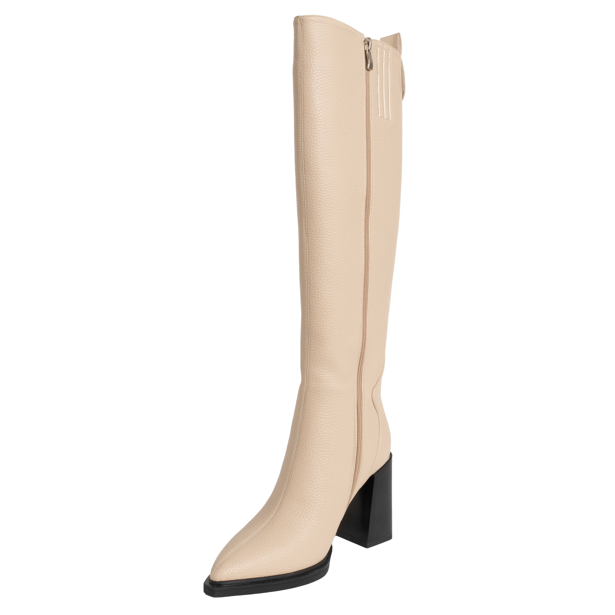 Beige Over the knee high heeled boots for women with Lichee pattern PU leather