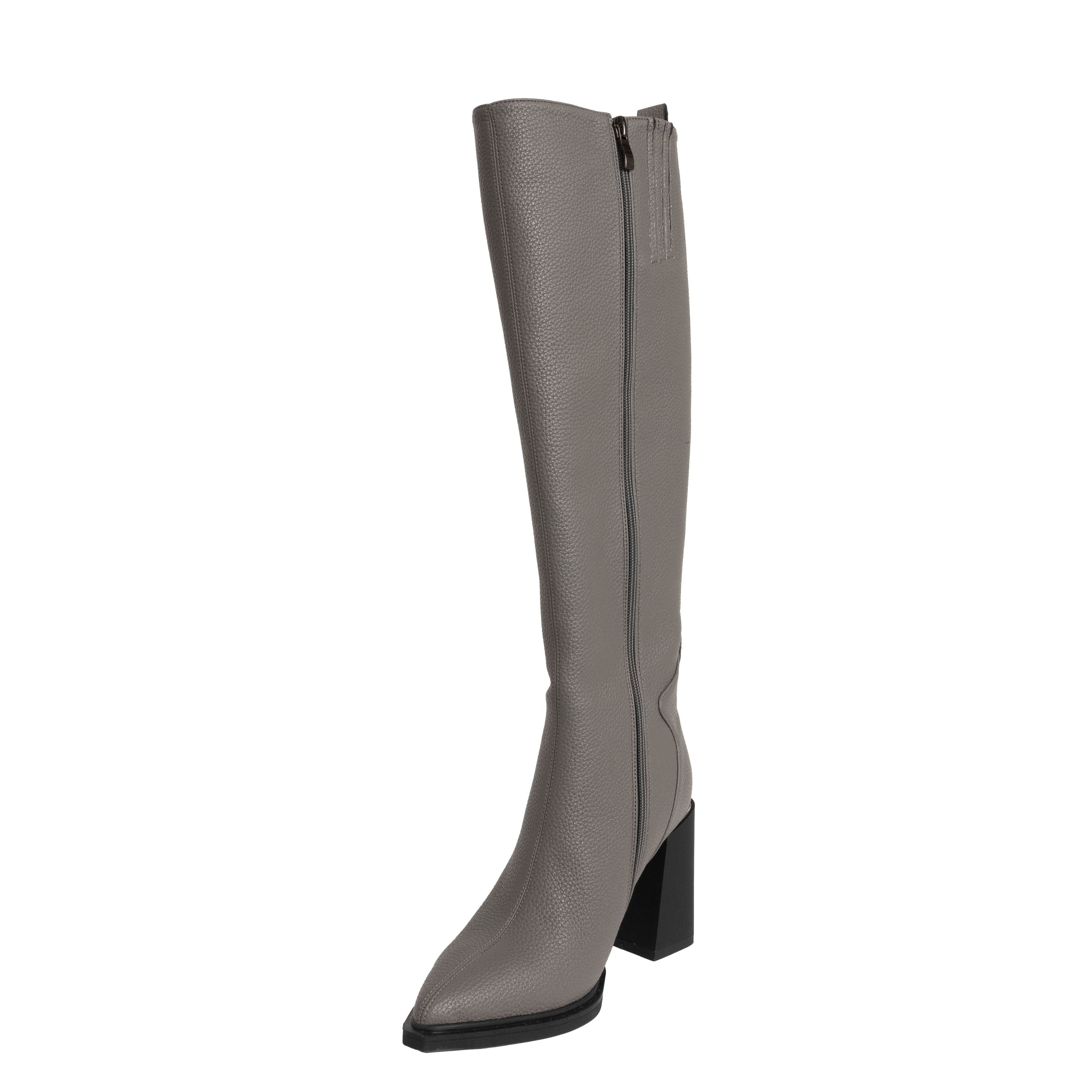 Grey Over the knee high heeled boots for women with Lichee pattern PU leather