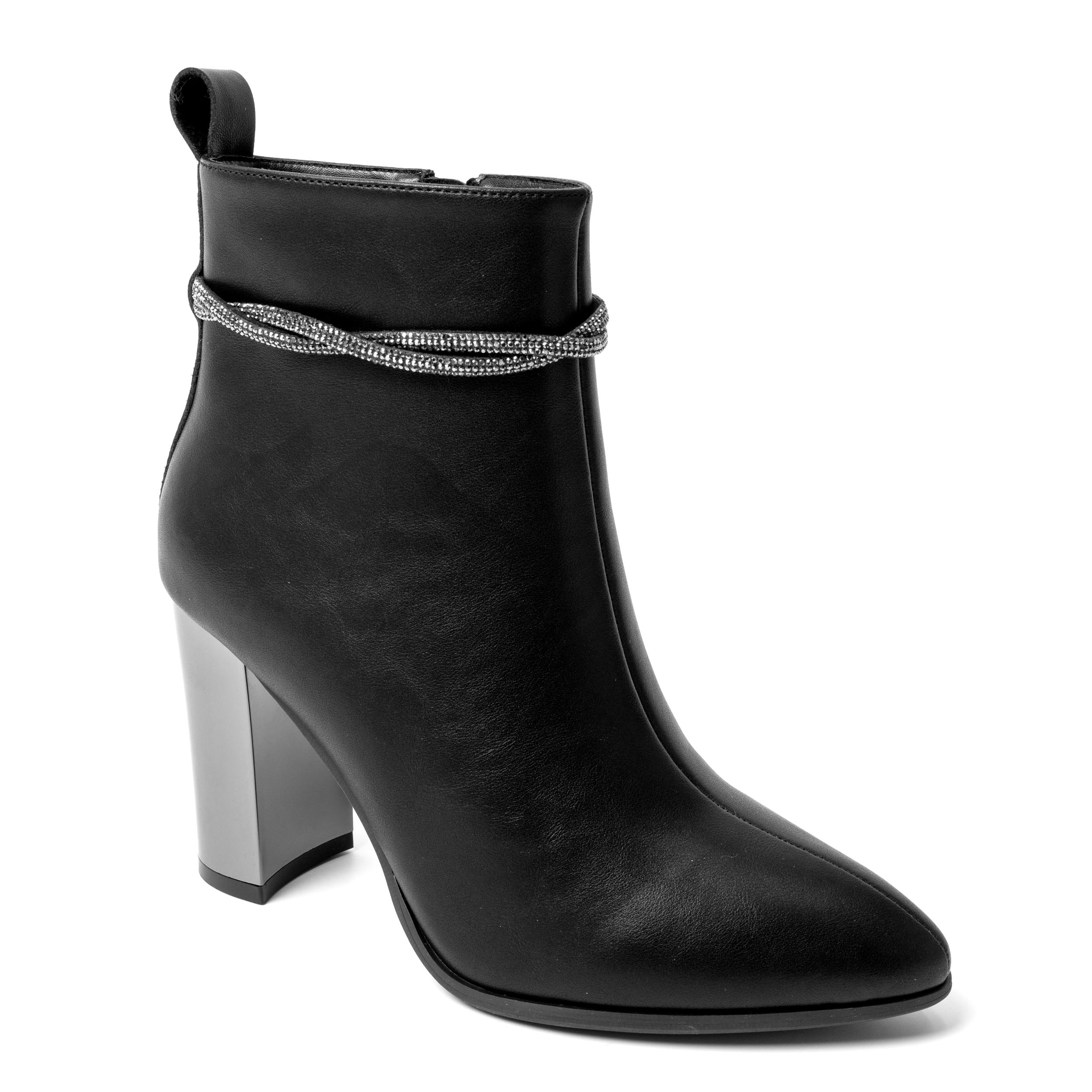 YZY Wholesale Black PU Heeled Ankle Boots for women with Silver square heel