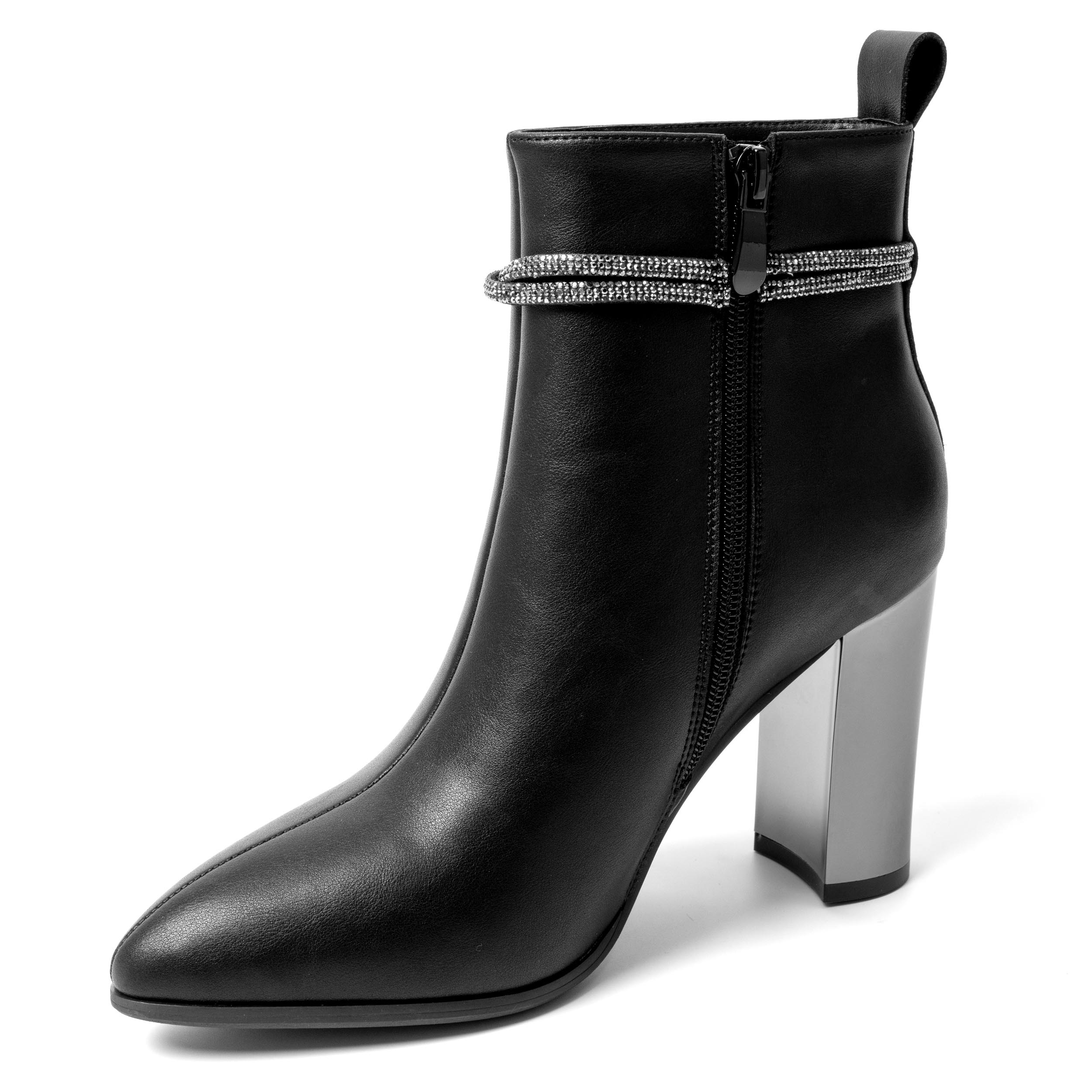 YZY Wholesale Black PU Heeled Ankle Boots for women with Silver square heel