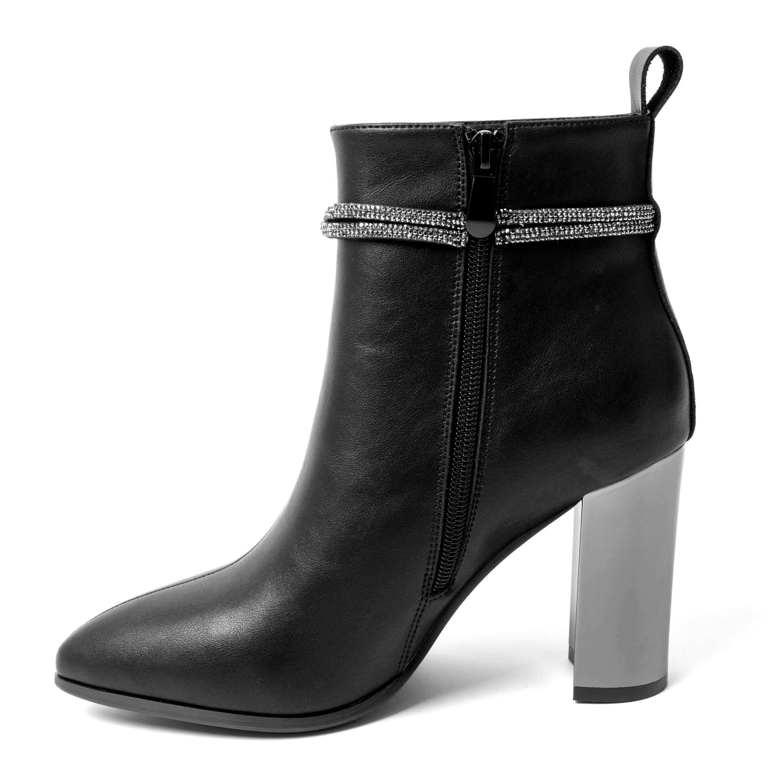 YZY Wholesale Black PU Heeled Ankle Boots for women with Silver square heel