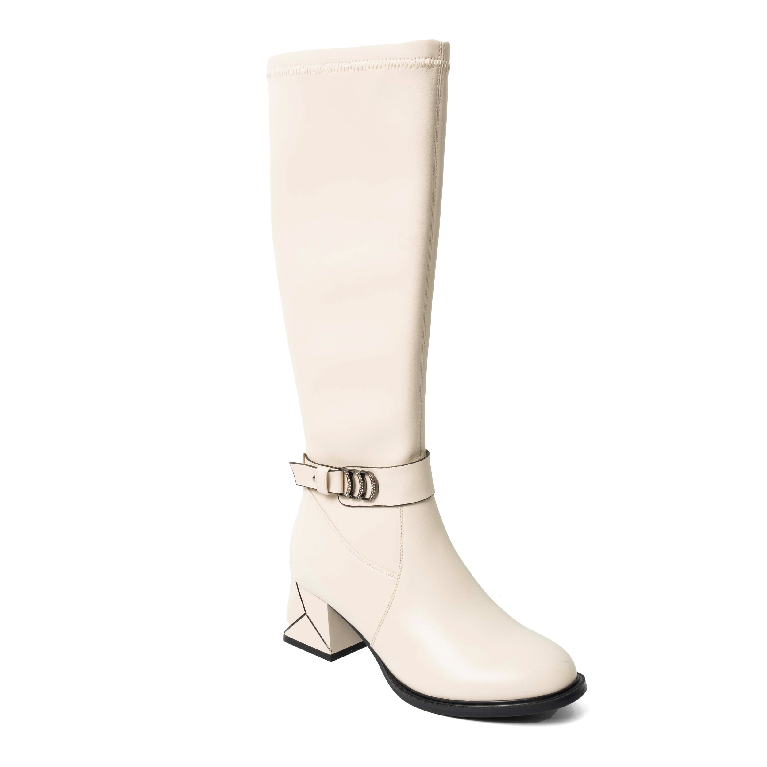 YZY Wholesale Women Beige Heeled Knee High Boots with PU leather