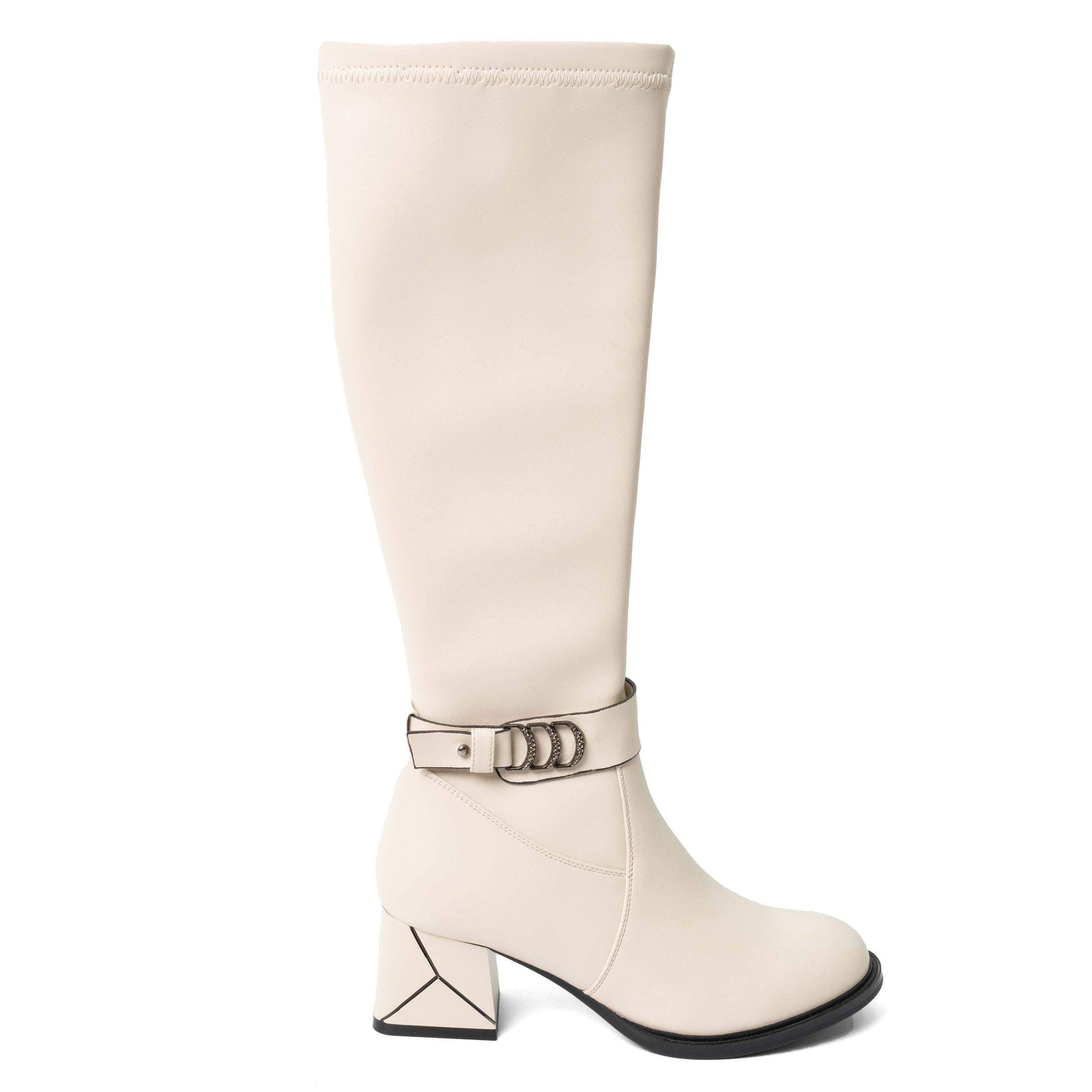 YZY Wholesale Women Beige Heeled Knee High Boots with PU leather