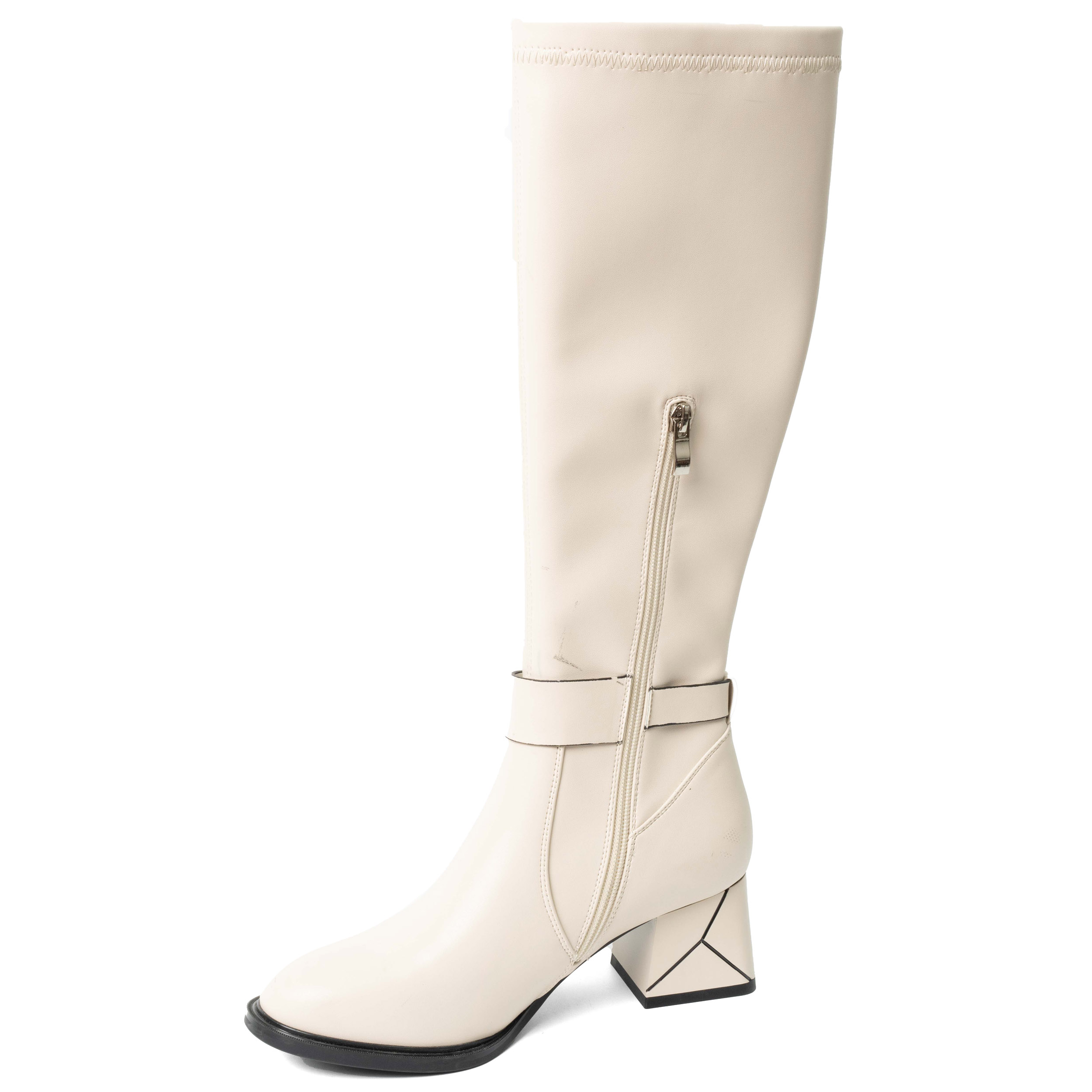 YZY Wholesale Women Beige Heeled Knee High Boots with PU leather