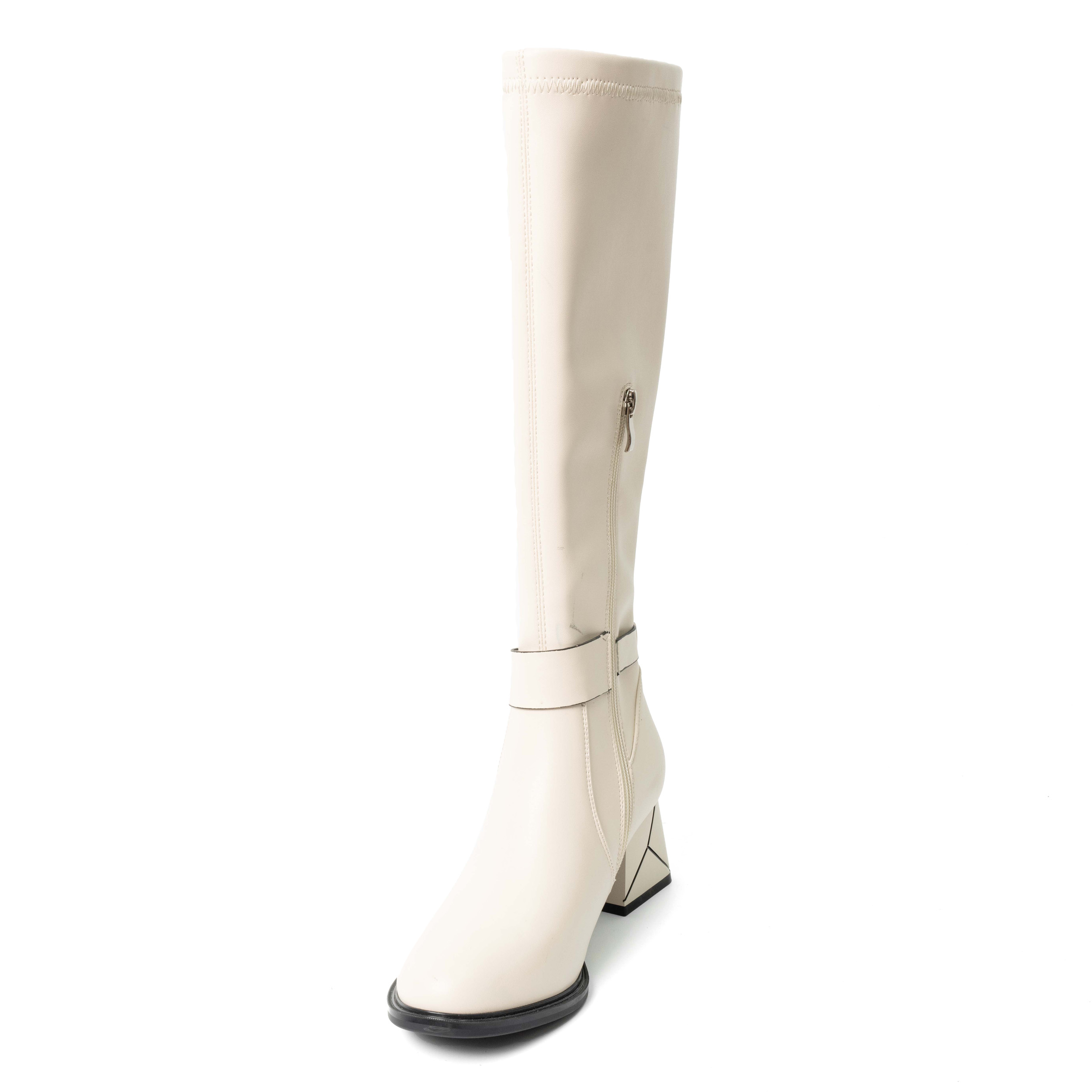 YZY Wholesale Women Beige Heeled Knee High Boots with PU leather