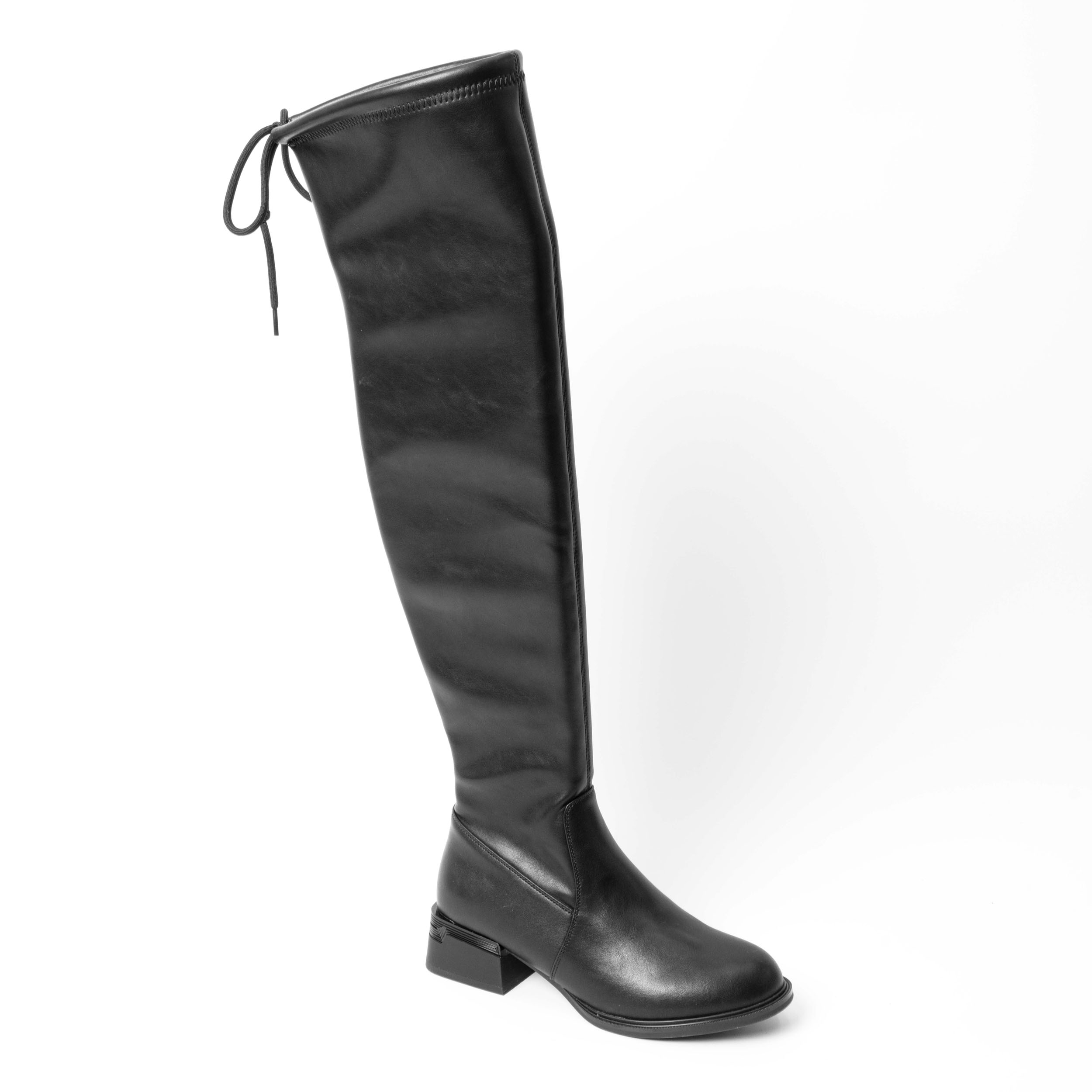 Black knee high boots for women with stretch PU leather