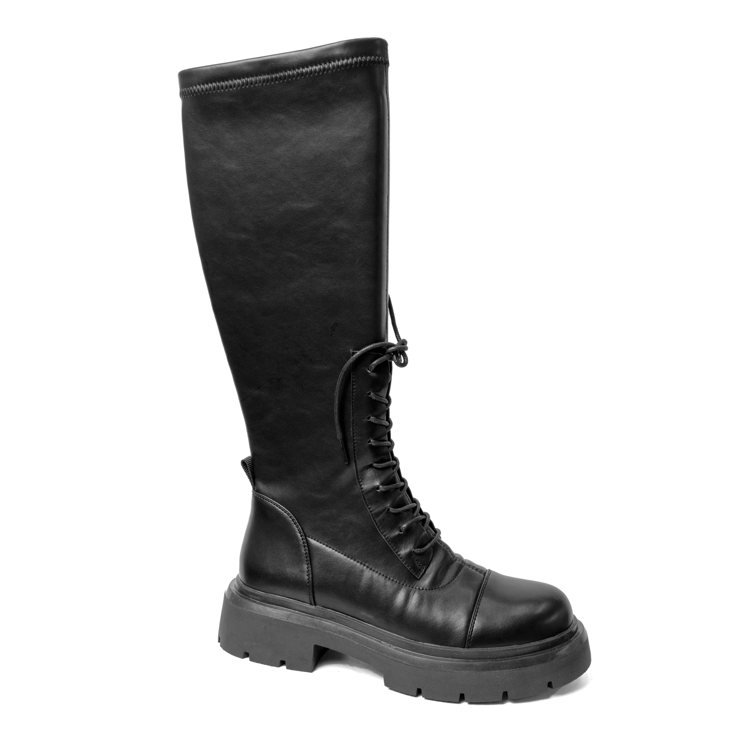 YZY Wholesale women Black platform knee high boots with Stretch PU