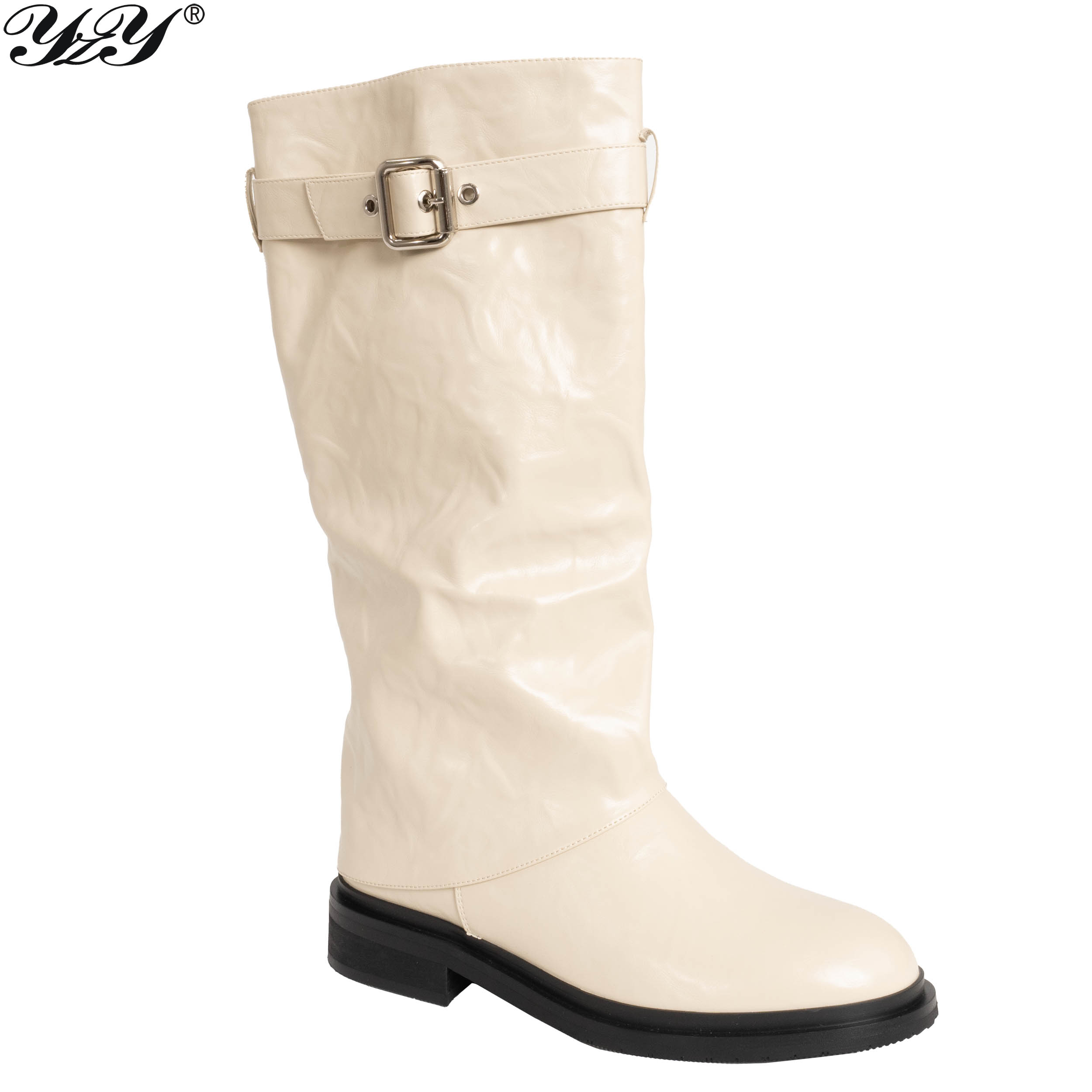 Beige knee high boots for women with great look PU leather