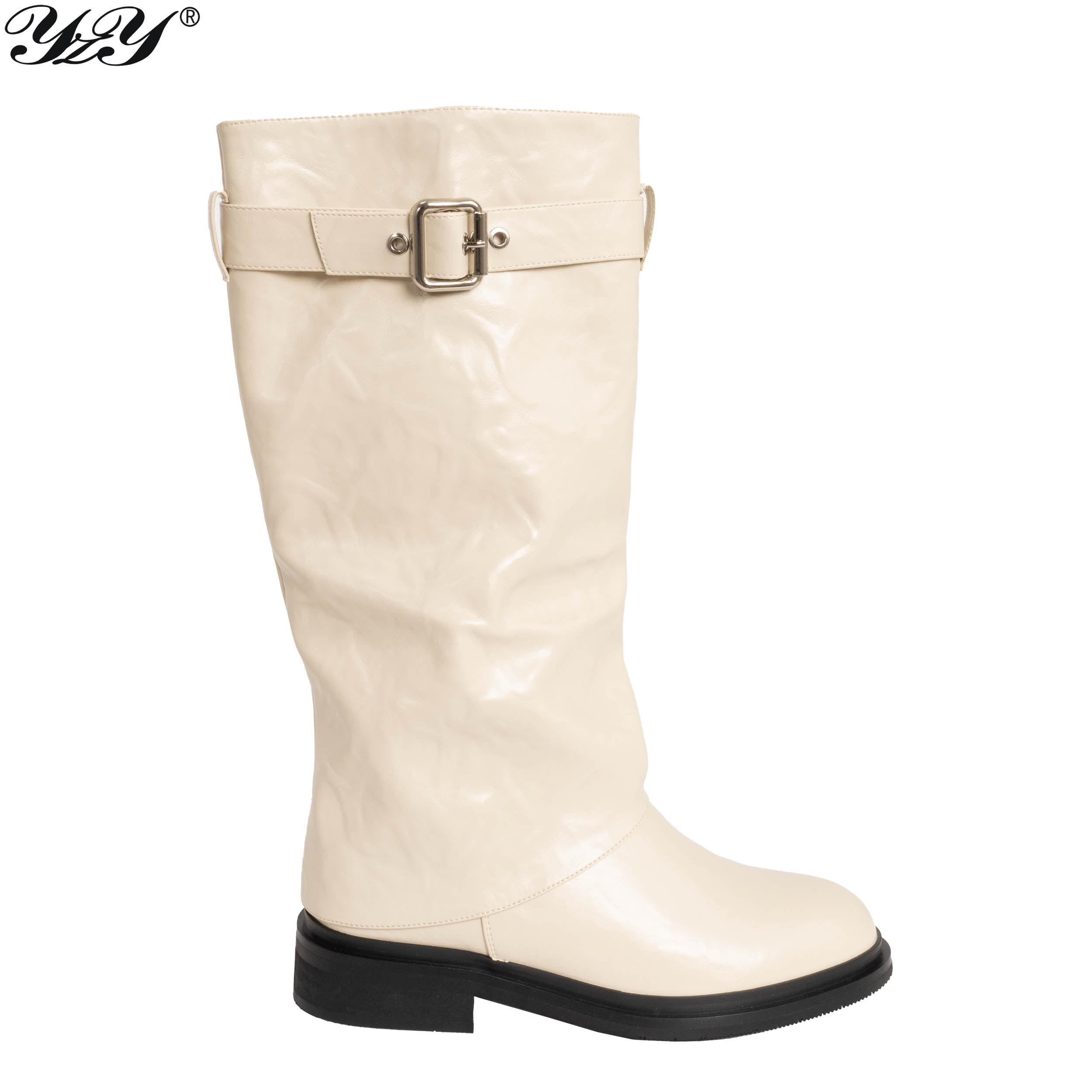 Beige knee high boots for women with great look PU leather