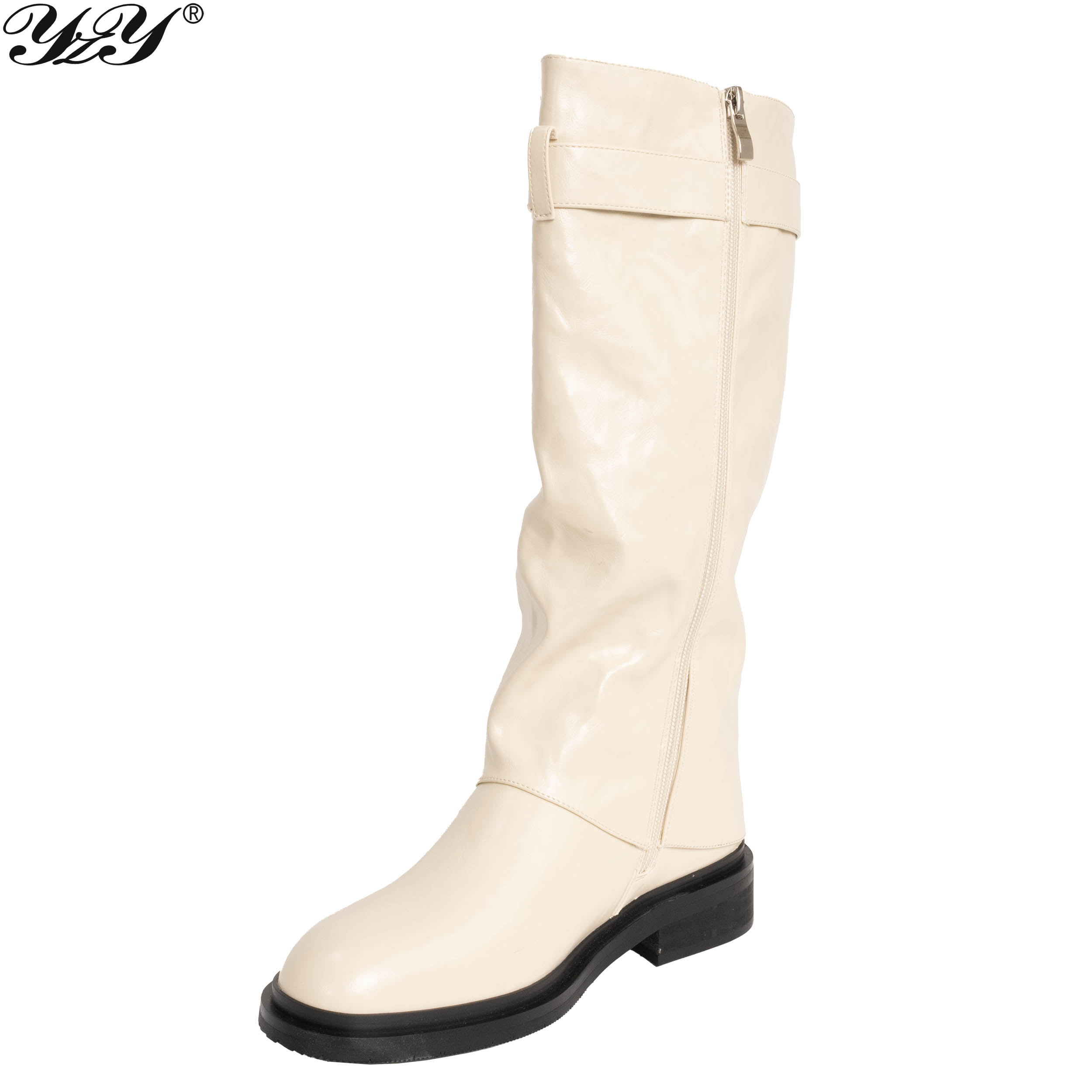 Beige knee high boots for women with great look PU leather